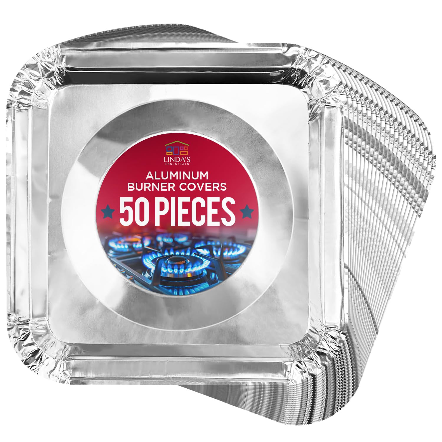 Gas Stove Burner Liners (50 Pack) - Disposable Aluminium Foil Covers, 8.5" Heat-Resistant Protector, Fits Gas or Electric Ranges, Thick Foil for Mess-Free Cooking, Perfect Stove Cover for Kitchen
