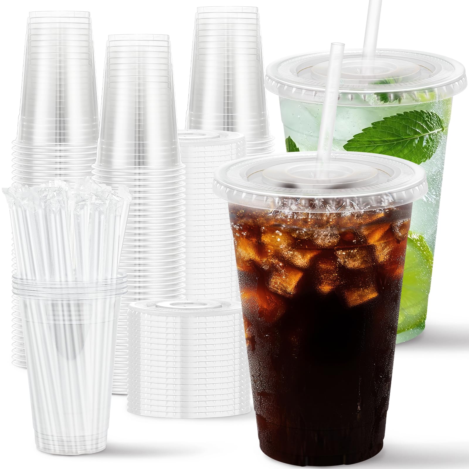 Huifany 100 Pack 16 oz Disposable Plastic Cups with Lids and Straws, Clear Party Coffee Cups for Cold Beverages, Smoothies, Iced Coffee, and Leak-Proof, BPA-Free