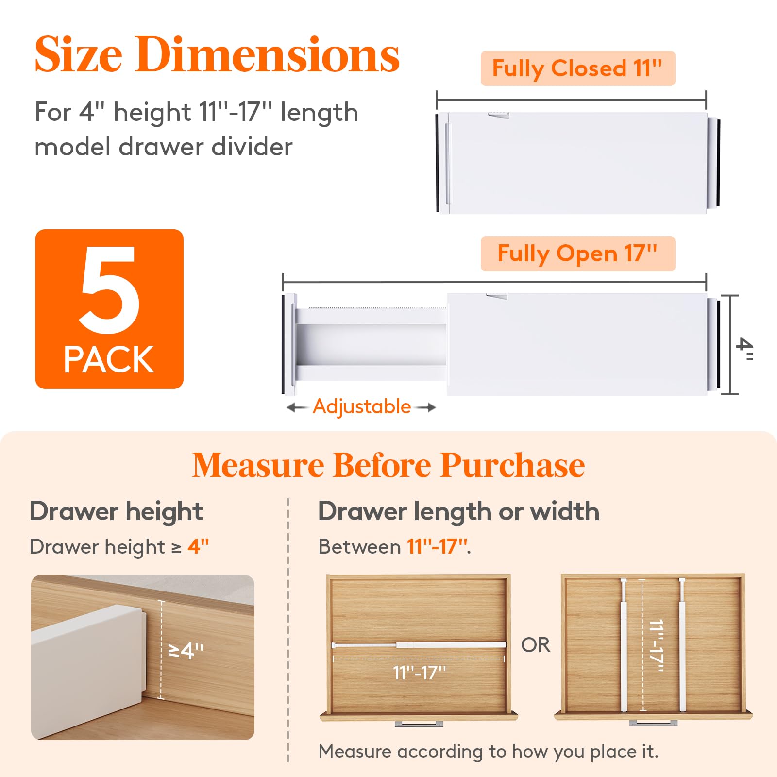 Lifewit 5 Pack Drawer Dividers 4" High, 11-17" Adjustable Dresser Drawer Organizers for Clothes, Expandable Dresser Separators in Bedroom/Bathroom/Kitchen/Vanity/Office Organization and Storage, White