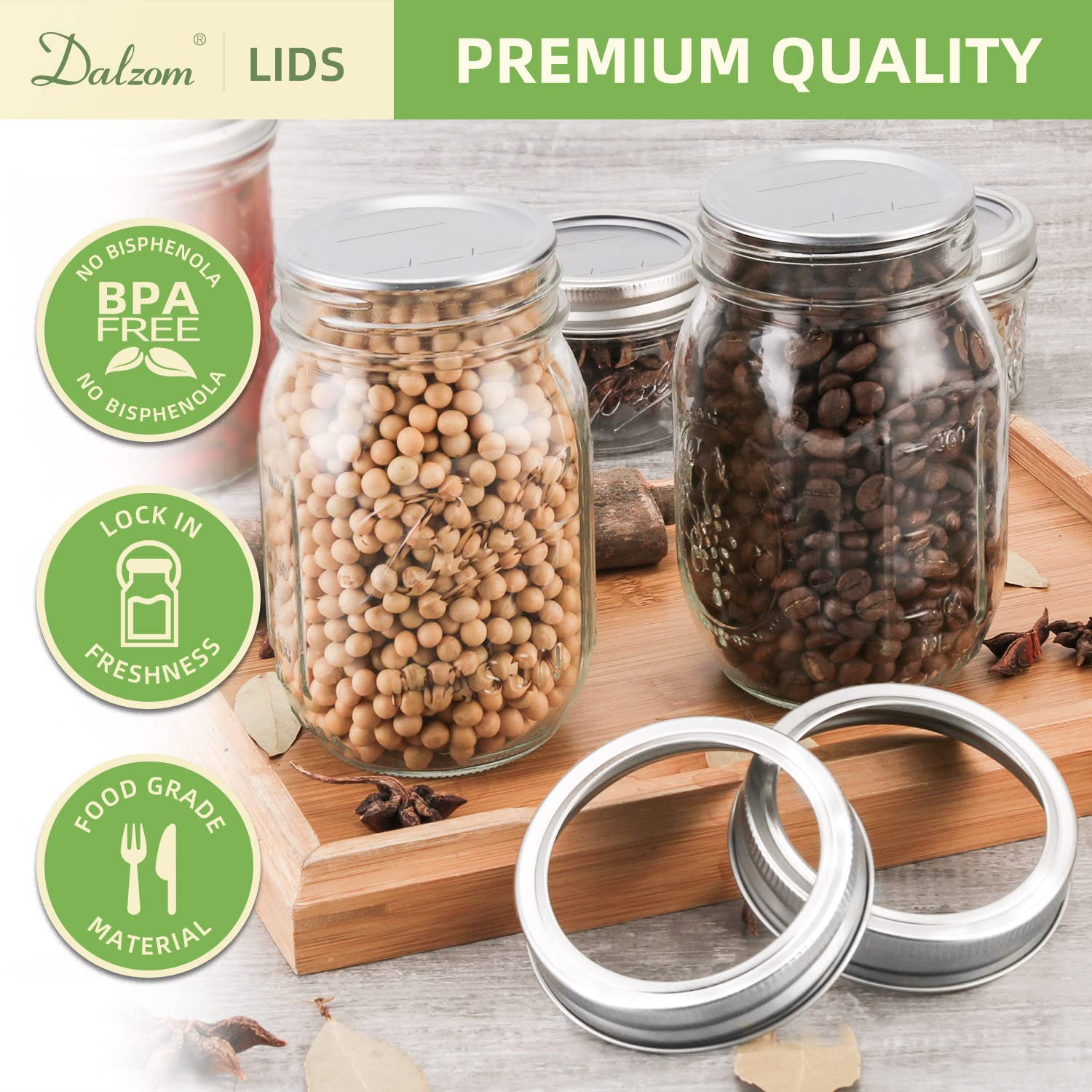Dalzom® 48Pcs Canning Lids with Rings Regular Mouth, Premium Mason Jar Lids with Bands/Rings for Ball, Kerr Jars - Food Grade Material, 100% Fit & Airtight for Regular Mouth Mason Jars
