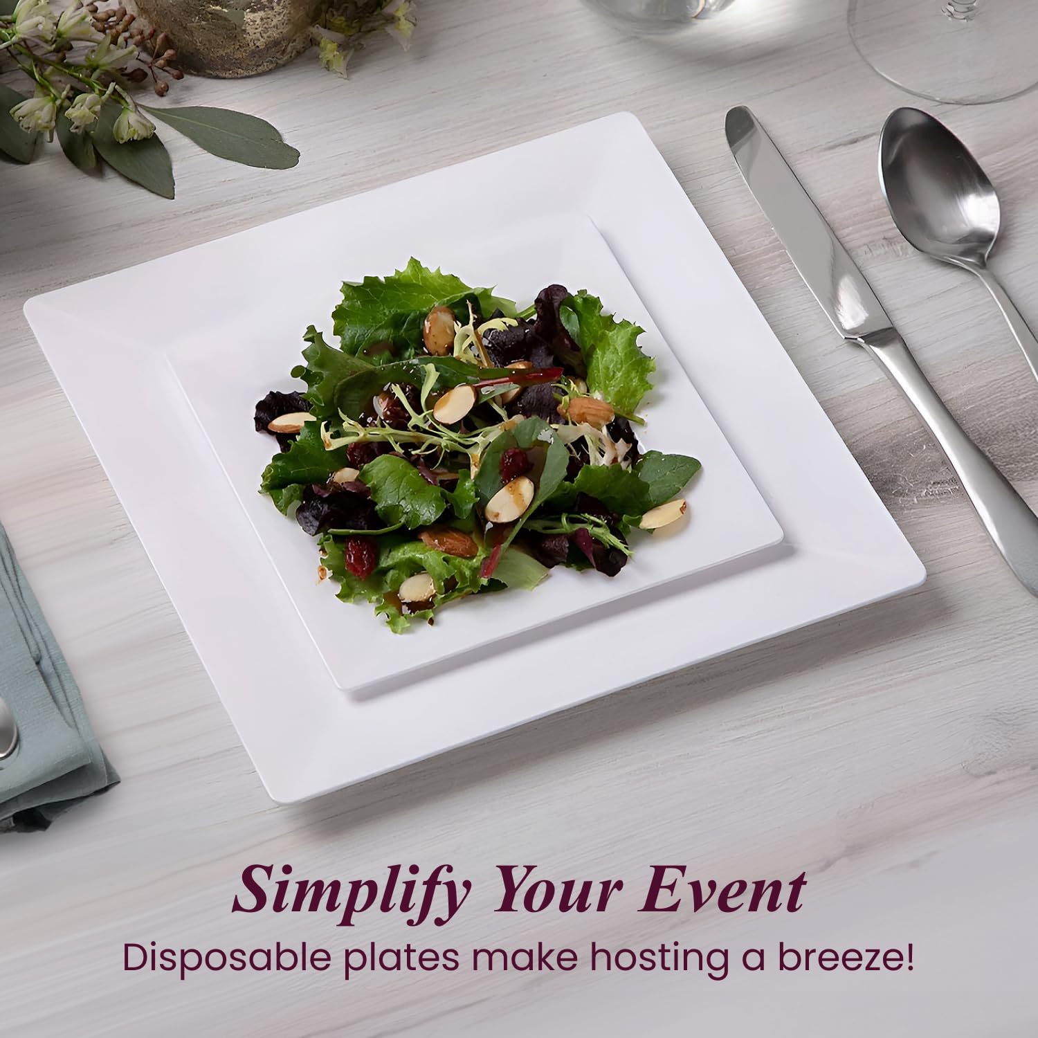 Aya's 60ct White Square Disposable Plates - Heavy Duty Plastic Party Plates for Christmas, Thanksgiving (30 Dinner & 30 Salad)