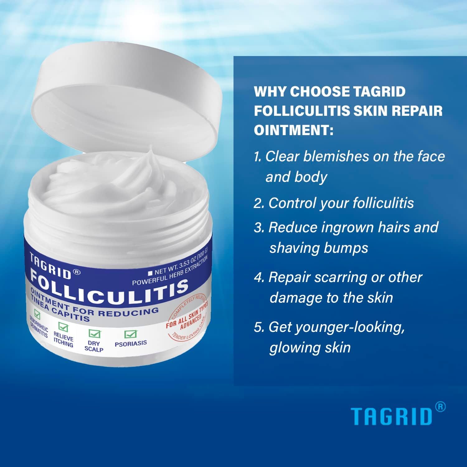 TAGRID Folliculitis Treatment Cream - 7X Fast, Ingrown Hair Treatment, Soothing Scalp, Face & Body Cream - Hydrating & Refreshing - 100g