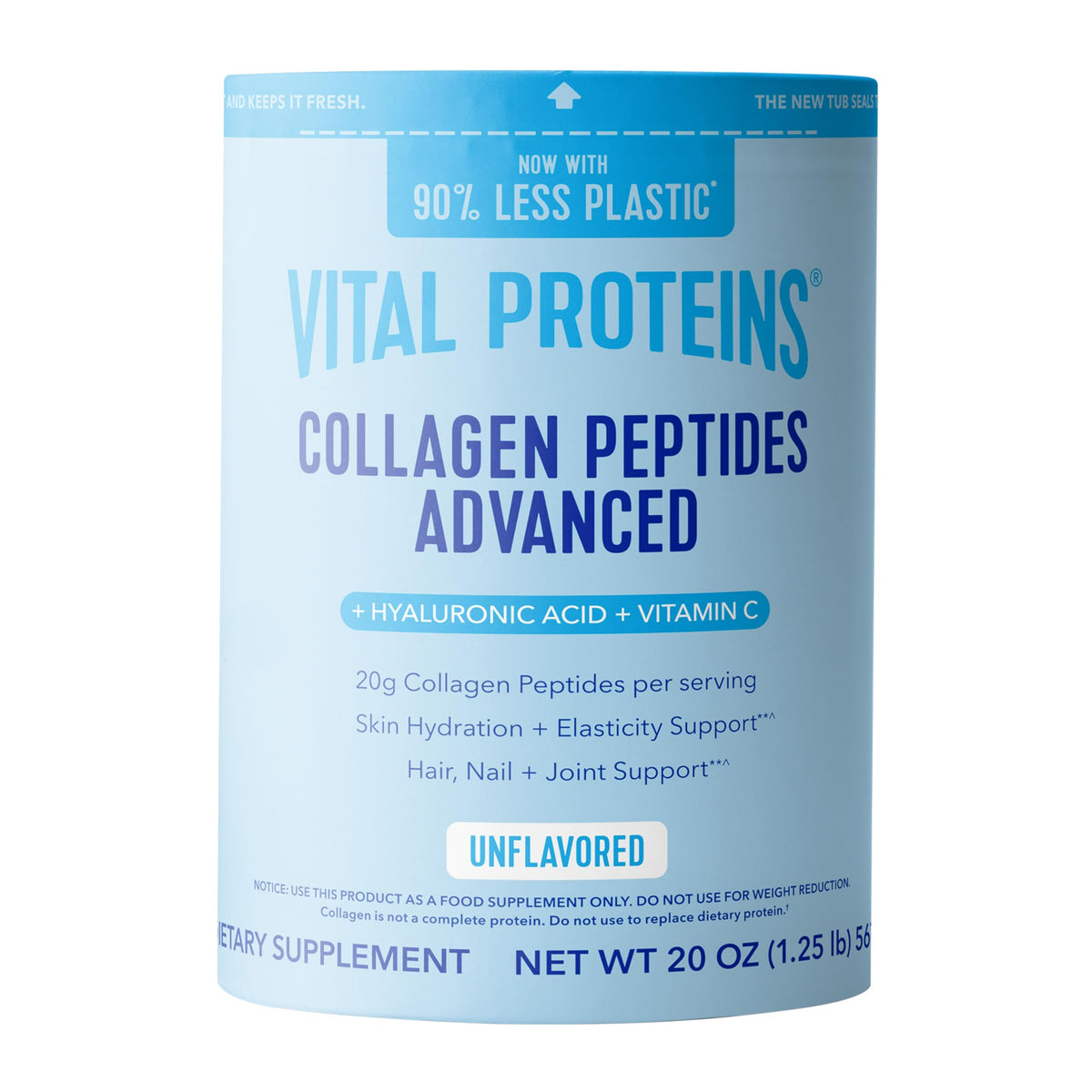 Vital Proteins Kollagenpeptide Pulver Advanced mit Hyaluronsäure & Vitamin C - 567g Kollagenprotein, Geschmacksneutral, 27 Portionen