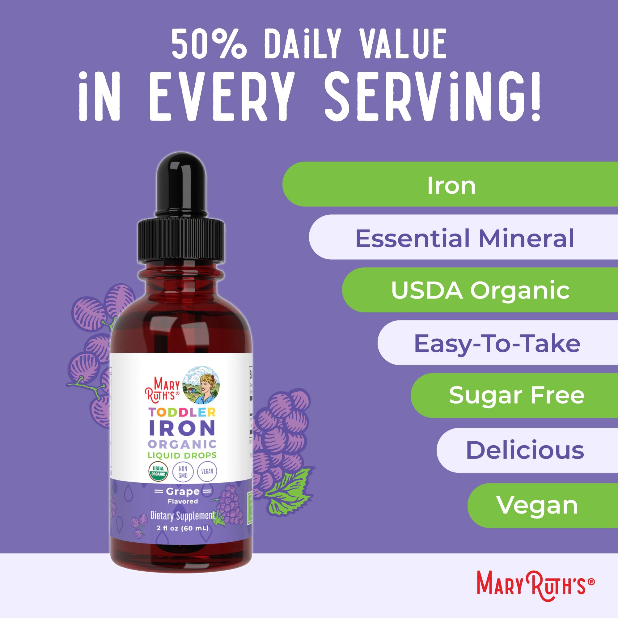 MaryRuth Organics Iron Supplement for Toddlers | Liquid Iron Supplement for Children Ages 1-3 | Iron Supplement for Iron Deficiency | Ferrochel | Sugar Free | Vegan | Non-GMO | Gluten Free | 2 Fl Oz