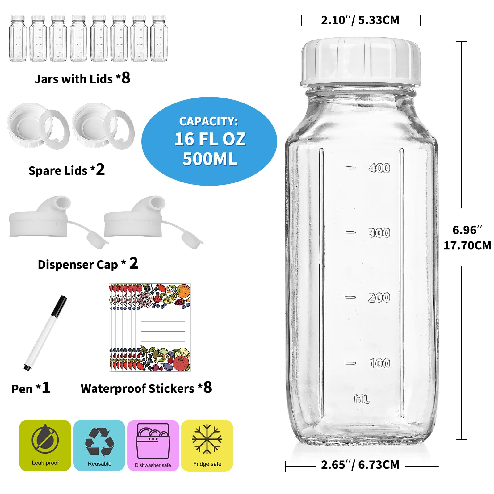 8 Pack 16 Oz Reusable Glass Milk Bottles w 100% Airtight Heavy Duty SCREW Lid & 2 Pour Spouts - Glass Juice Bottles w Capacity Mark - Beverage Drinking Jar Juice Container Breast Milk(Extra 2 Lids)