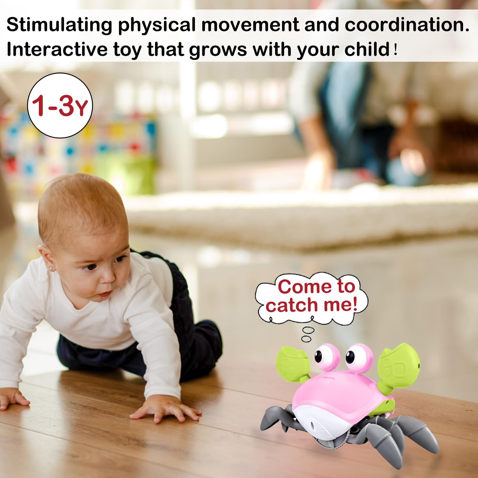 Plnmlls Crawling Crab Baby Toy - Tummy Time Toys - with Music and LED Light,Built-in Rechargeable Battery and Volume Can be Turned Off for 0-6 6-12 12-18 36 Months Walking Toddler Birthday Gift(Pink)