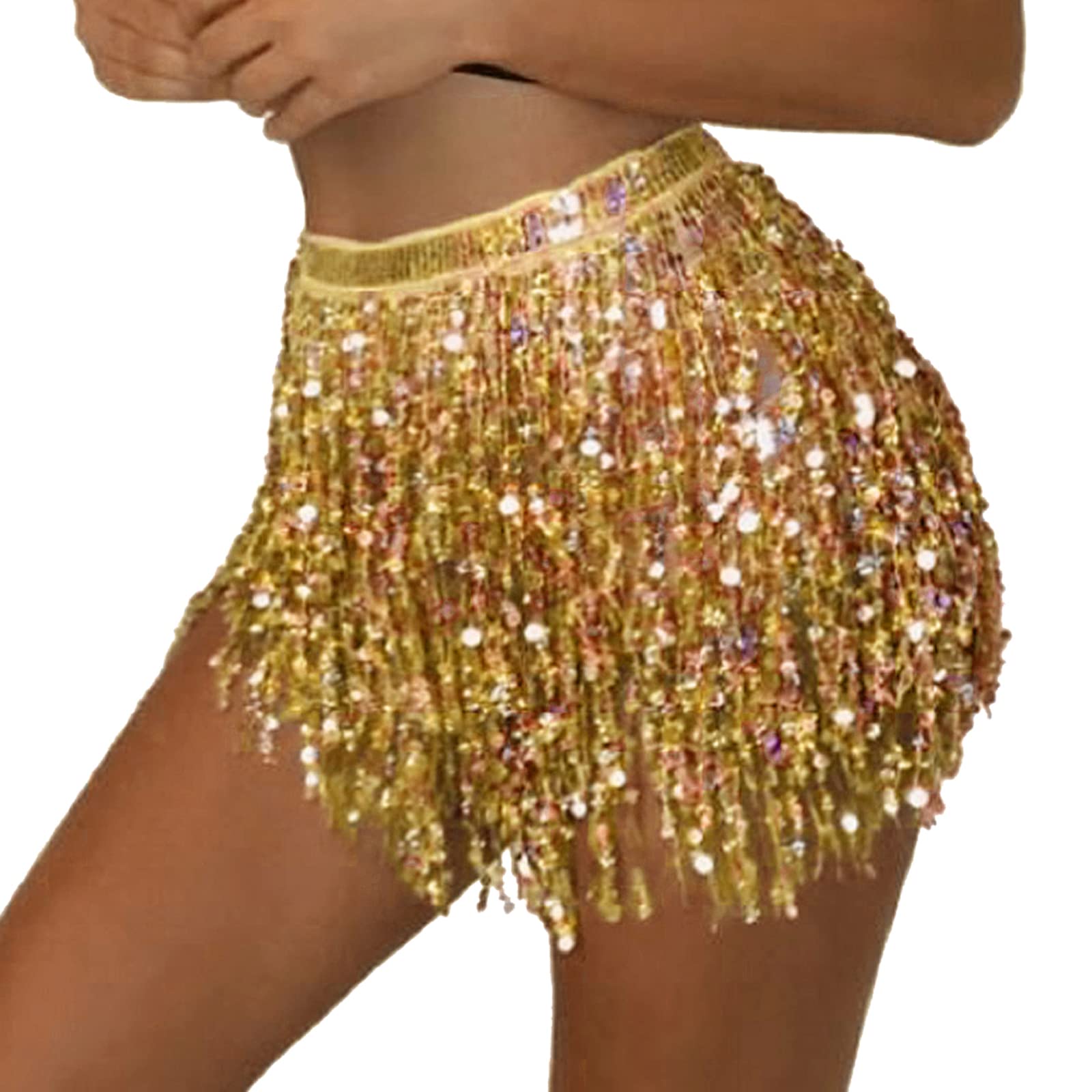 Women's Sequin Tassel Skirts Sparkly Rave Fringe Hip Scarf for Festival Costume(Gold)