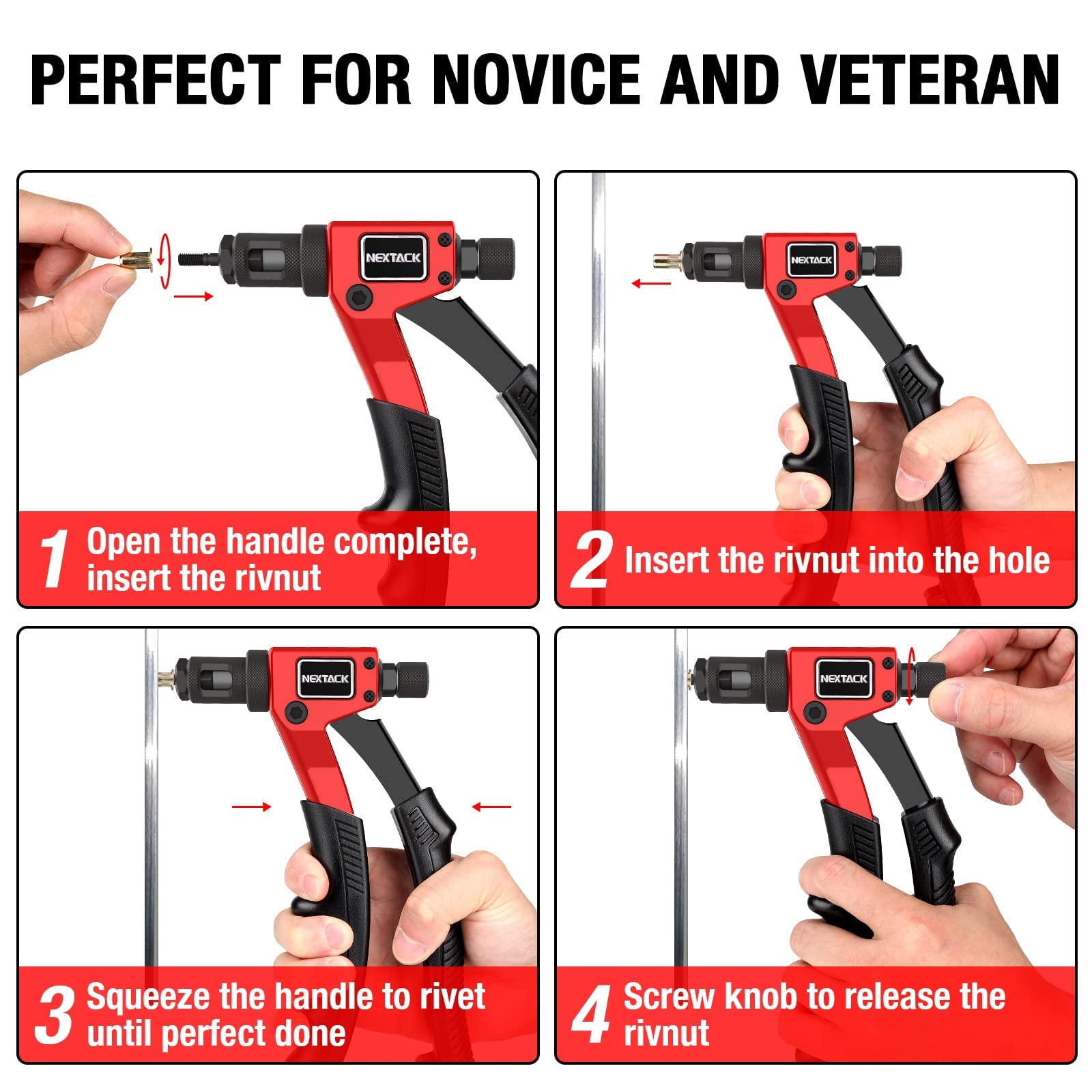 NEXTACK Rivet Nut Tool Kit with a Step Drill Bit & 80 Nutserts for Tight Space, 8" Rivnut Tool Set Riveter with 8 Mandrels 6-32 8-32 10-24 1/4-20 M3 M4 M5 M6 in Organized Rugged Carrying Case NT600