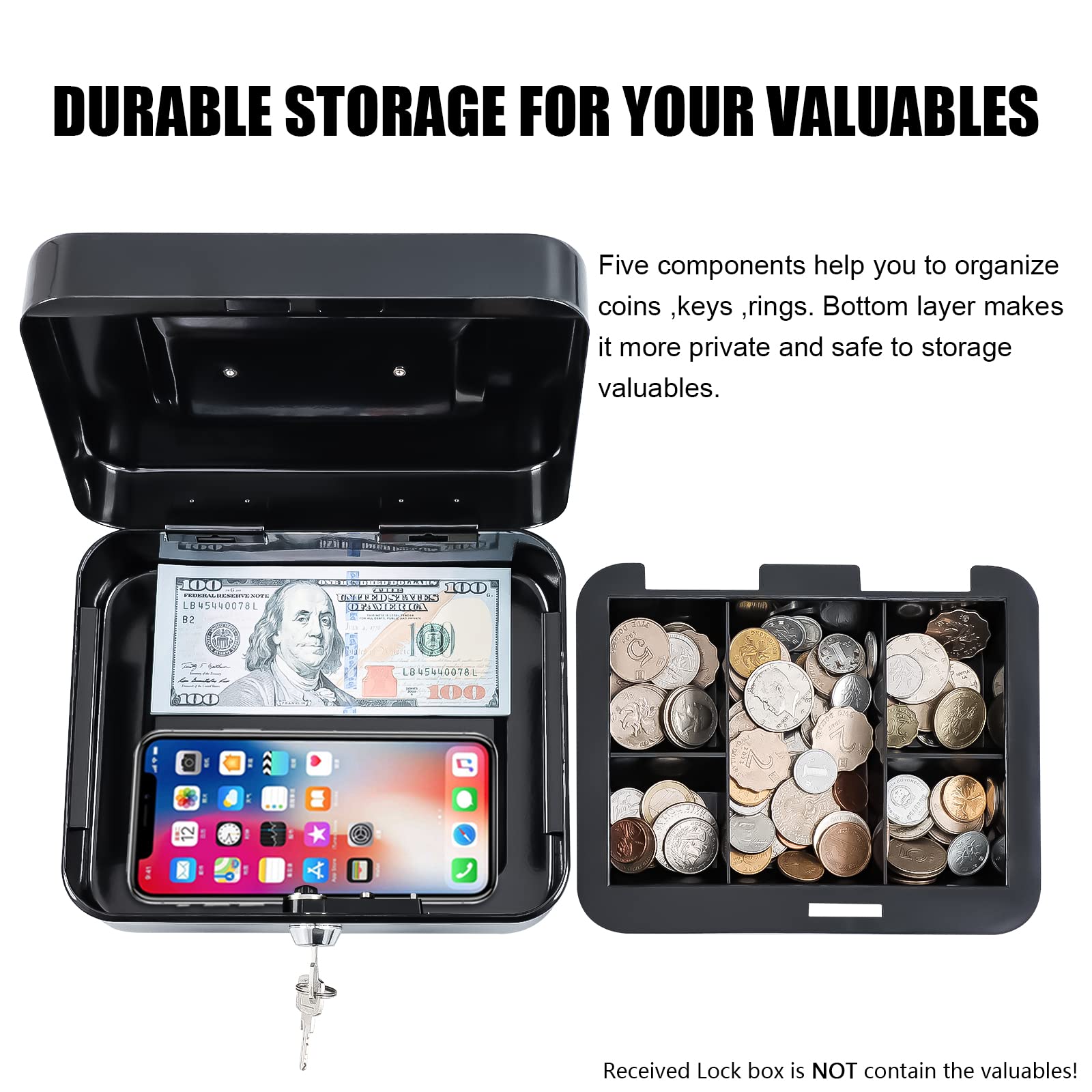 Kyodoled Medium Cash Box with Money Tray,Small Safe Lock Box with Key,Cash Drawer,7.87"x 6.30"x 3.54" Black Medium