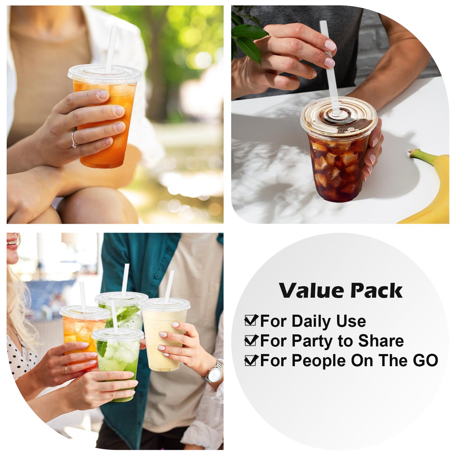 Huifany 100 Pack 16 oz Disposable Plastic Cups with Lids and Straws, Clear Party Coffee Cups for Cold Beverages, Smoothies, Iced Coffee, and Leak-Proof, BPA-Free