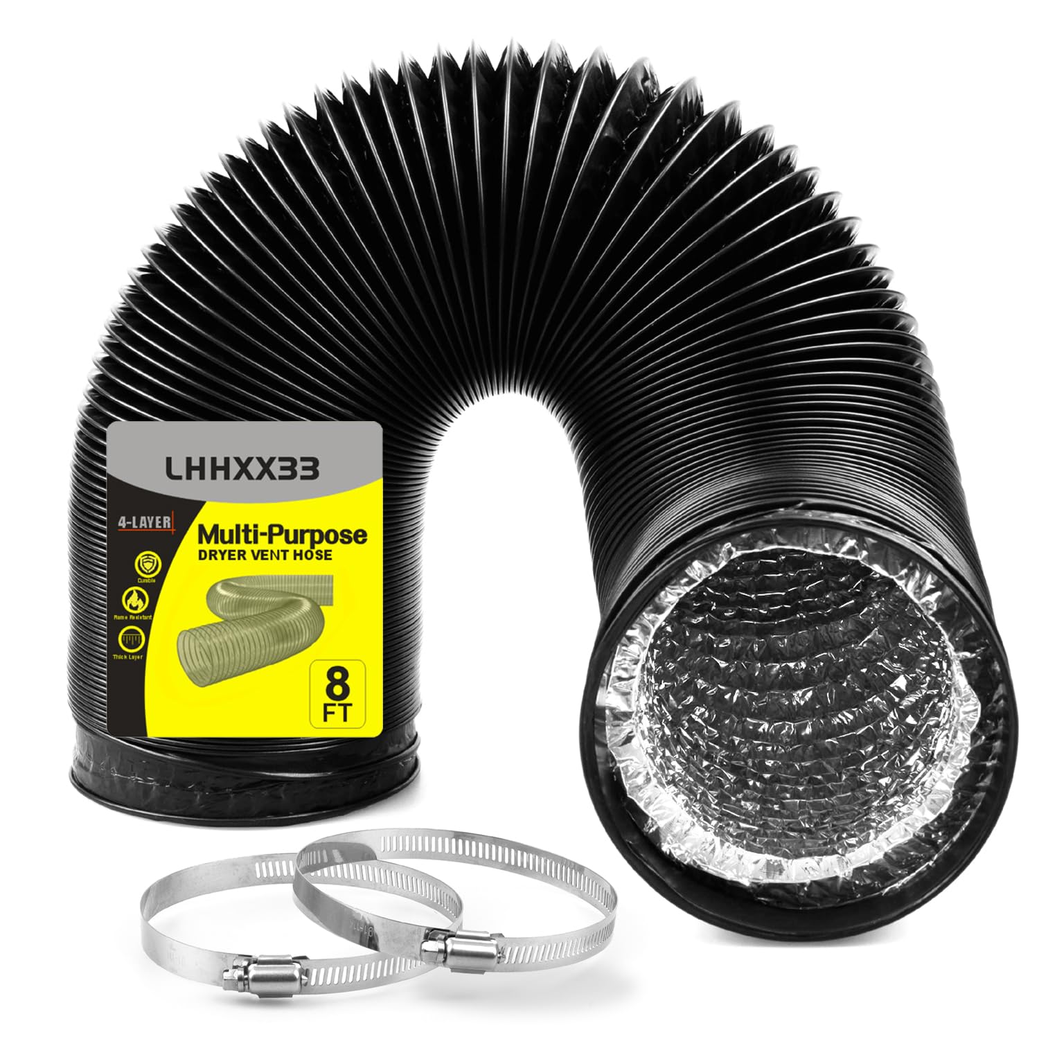 Dryer Vent Hose - 4 inch Flexible Duct, 8ft Long, Heavy-Duty Four-Layer Protection - Ideal for Heating, Cooling, Ventilation - Includes 2 Pack Clamps