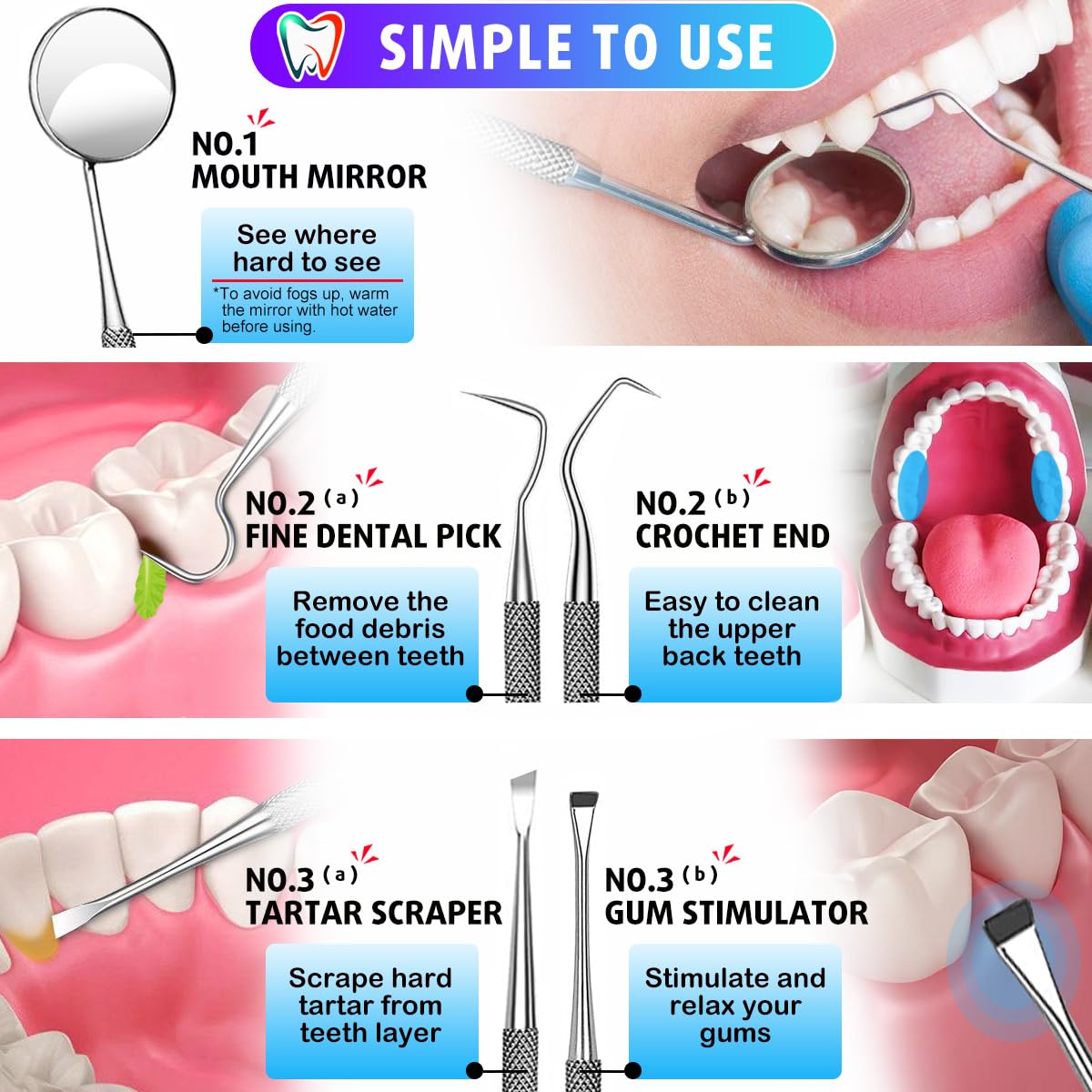 G.CATACC Dental Tools, Dental Pick Teeth Cleaning Tools Hygiene Kit, Plaque Remover for Teeth, Professional Stainless Steel Tooth Scraper Plaque Tartar Cleaner - with Case