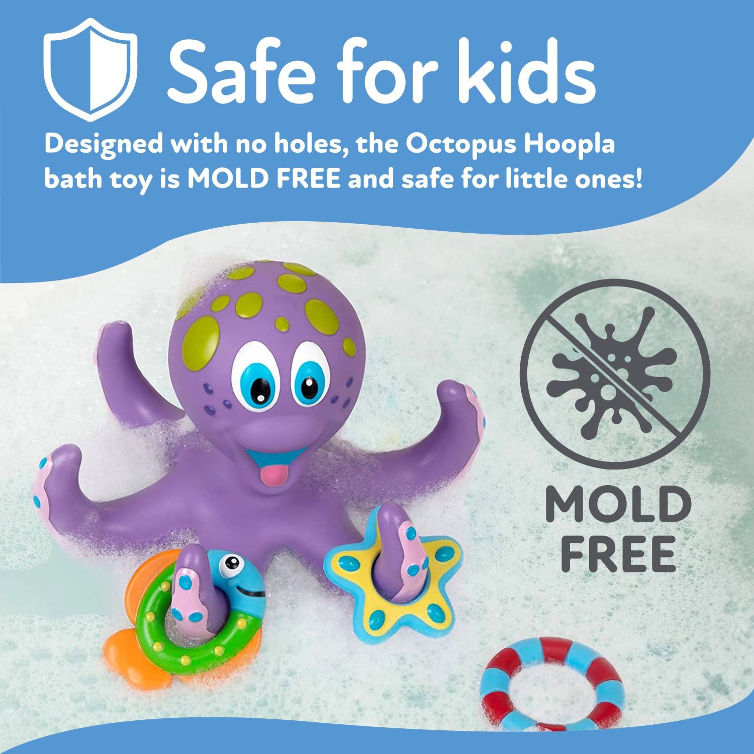 Nuby Floating Octopus Toy with 3 Hoopla Rings - Baby Bath Toy for Boys and Girls - 18+ Months - Purple (Pack of 1)