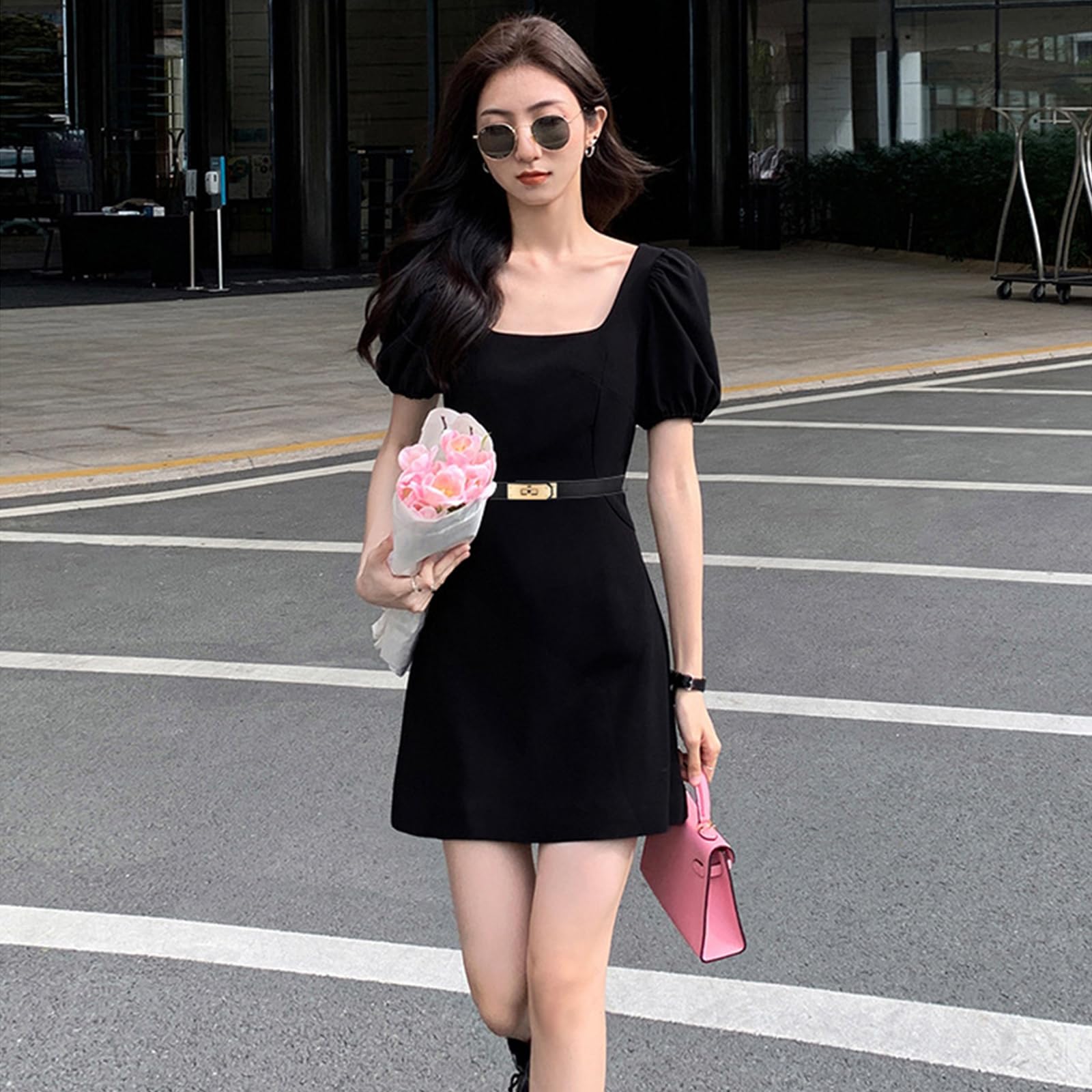 FENLDY Adjustable Thin Belts For Womens Skinny Belts For Dresses Womens Solid Color Alloy Turn Lock Belts For Jeans (Black belt gold buckle)