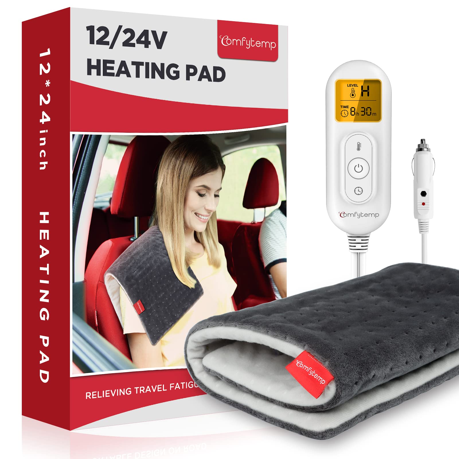 Comfytemp 12V/24V Auto-Heizdecke zur Linderung von Rückenschmerzen, 4 Heizstufen, 1/1 Auto-Abschaltung, tragbare Mini-Reisedecke zur Linderung von Rücken-, Nacken-, Schulterschmerzen und Krämpfen, 30x60cm, waschbar
