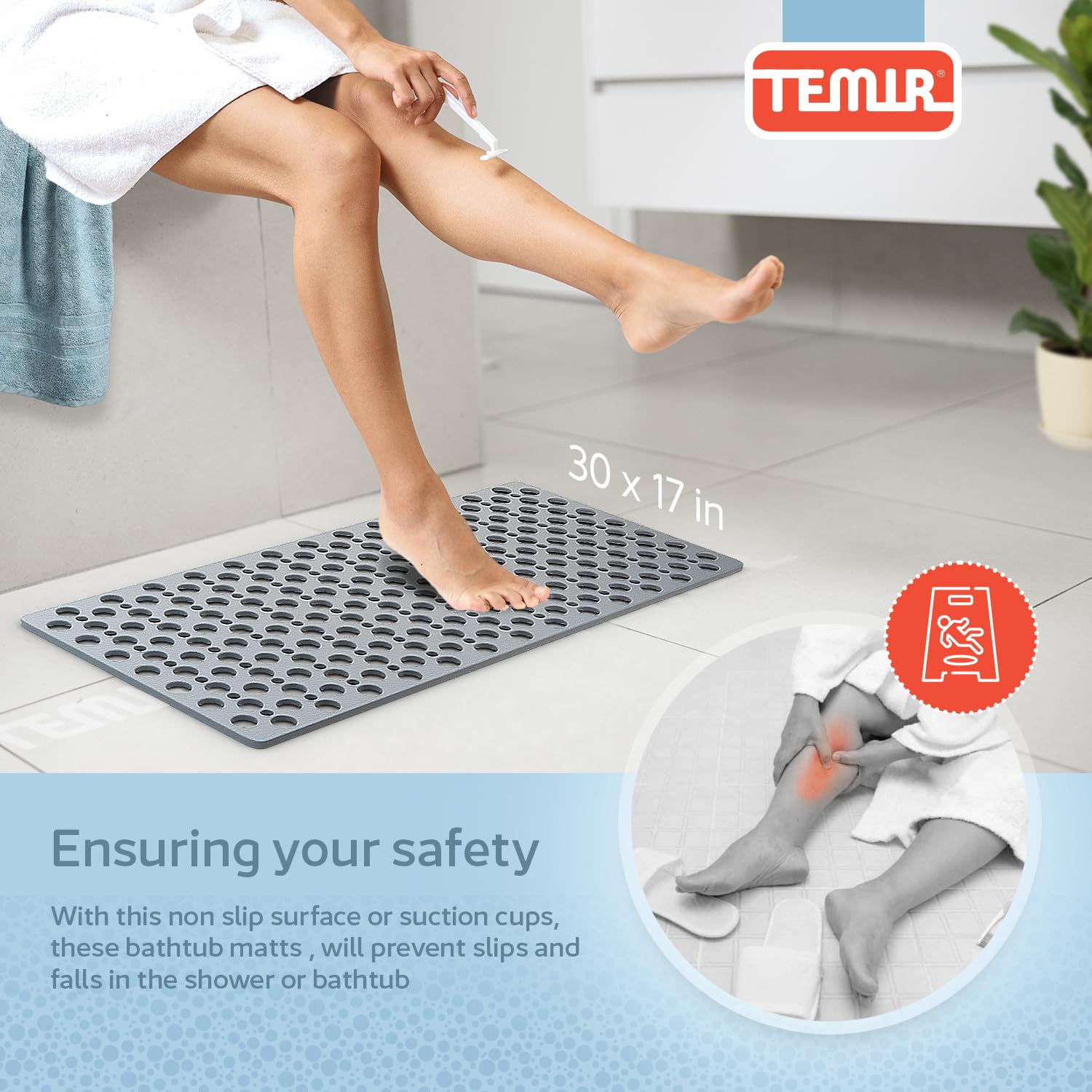 TEMIR Non Slip Bath Mat and Shower Mat with Suction Cups and Drain Holes, 30x17 in (75x43 cm), Soft Machine Washable Non Slip Bathtub mat, Shower Mats for Inside Shower, Easy Dry&Cut (Gray)