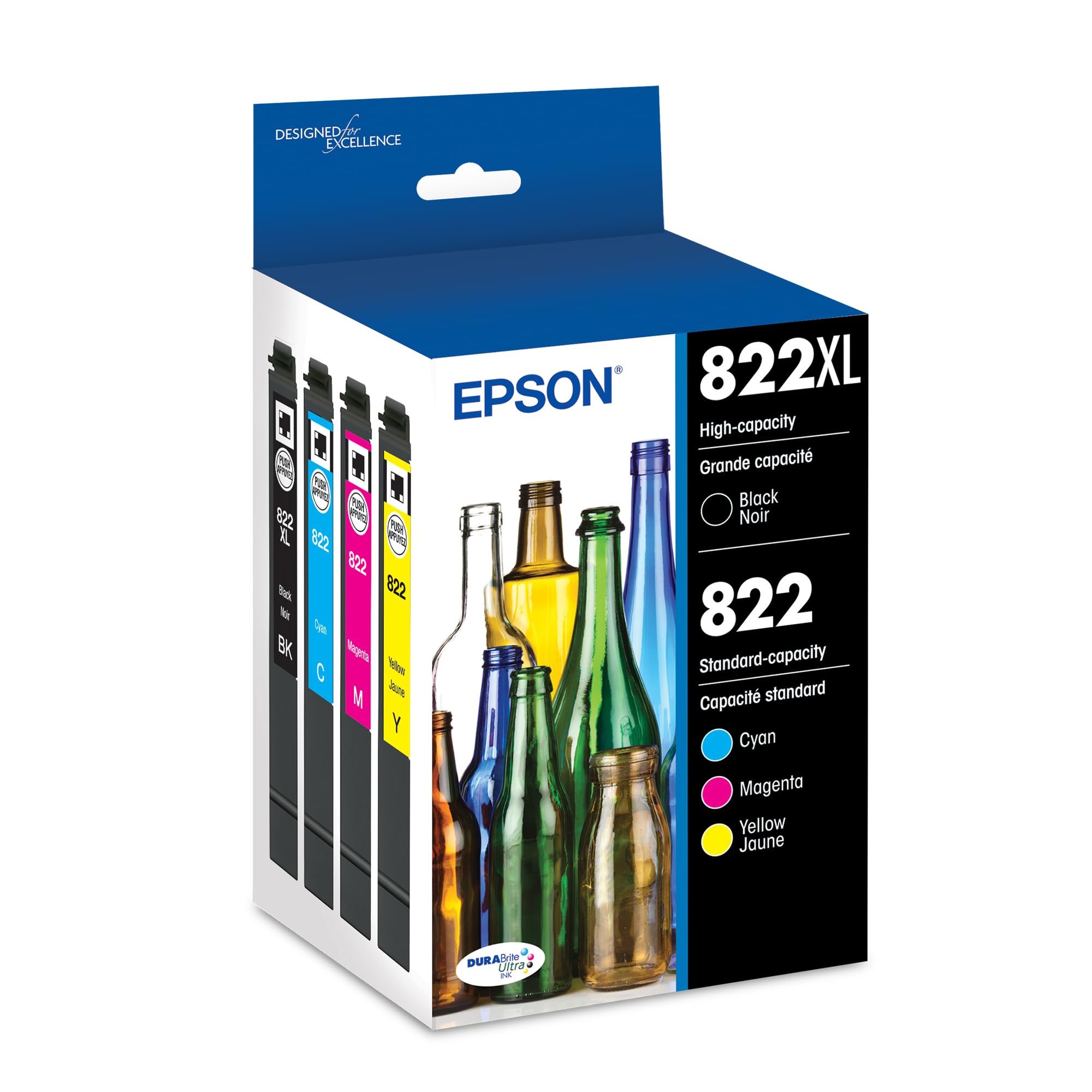 مجموعة أحبار EPSON 822 DURABrite Ultra عالية السعة باللونين الأسود والملون (T822XL-BCS) متوافقة مع WorkForce Pro WF-3820، WF-3823، WF-4820، WF-4830، WF-4833، WF-4834