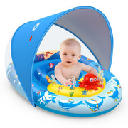 EZIGO Baby Pool Float with Canopy UPF50+ Sun Protection, Inflatable Kids Pool Floats with Ocean Animal Toys for Babies 6-36 Months, Infant Swimming Float with Adjustable Safety Seat for Boys Girls