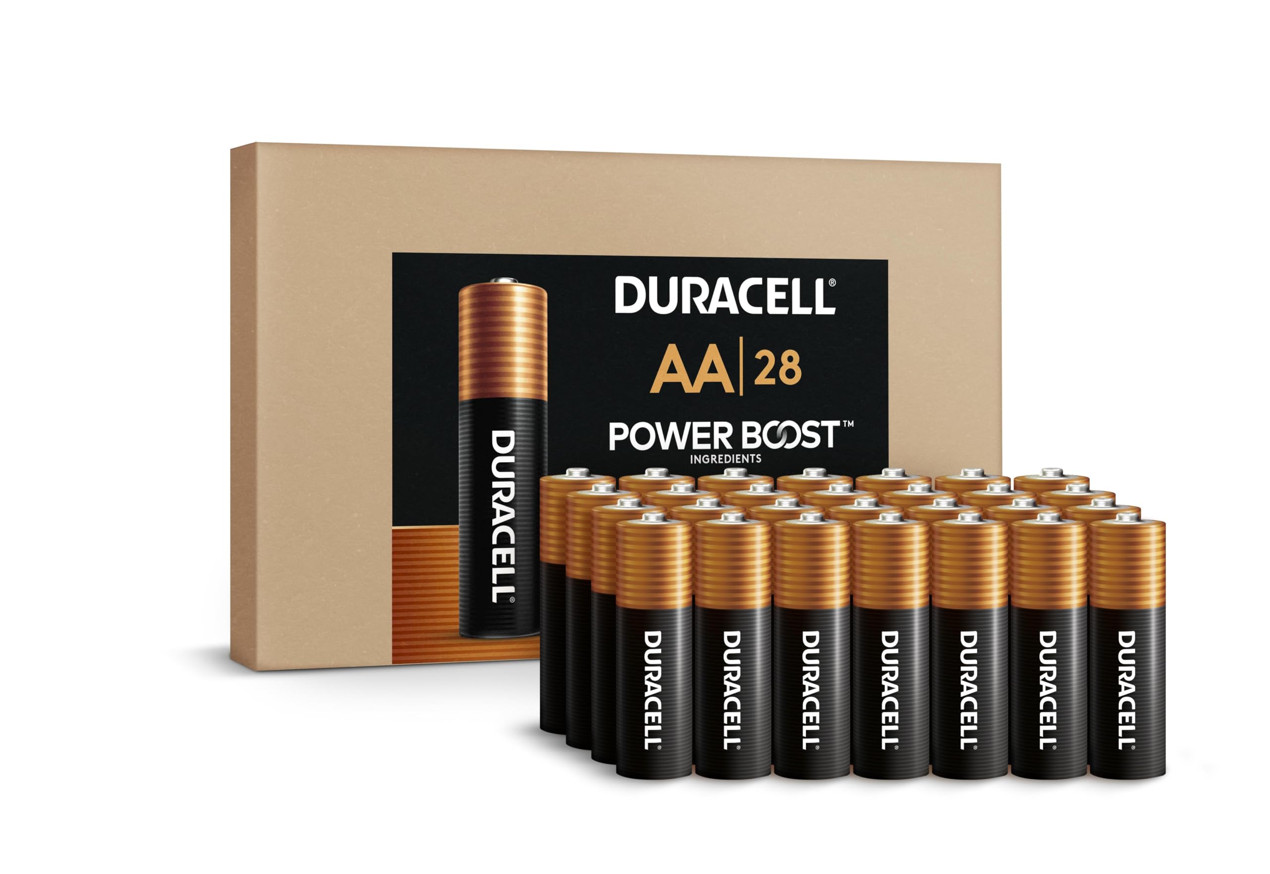 Duracell Coppertop AA Alkaline Batteries with POWER BOOST Ingredients, 28 Count, Long-Lasting Alkaline in Re-closable Pack for Quick Access and Organized Storage