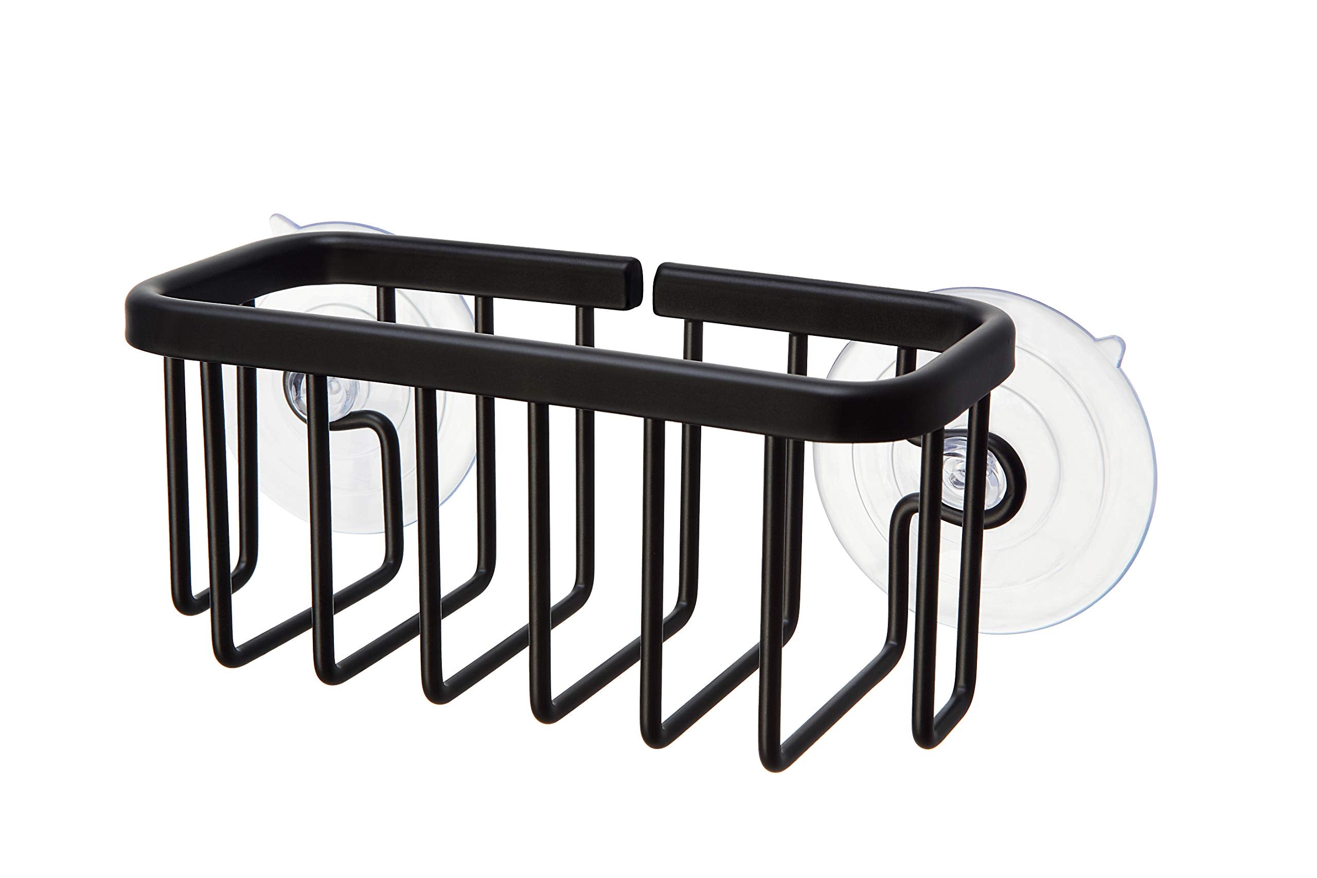SunnyPoint NeverRust Kitchen & Bathroom Sink Caddy for Sponges, Scrubbers, Soap, 6" x 2.5" x 2.75", with Adhesive Mount - Additional Suction Cup Included –Aluminum (Black)
