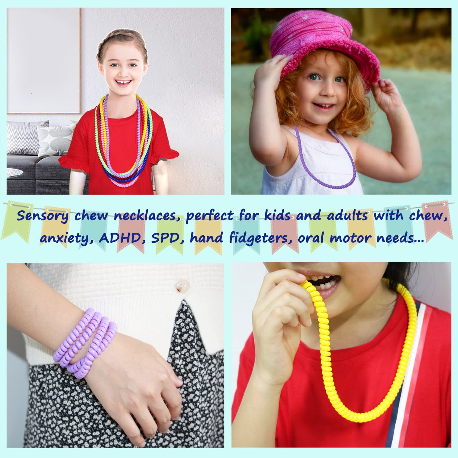 Sensory Chew Necklace for Boys and Girls, 6 Pack Stretch Chewing Necklaces for Kids with Autism ADHD SPD, Oral Motor Aids Baby Chew Toys Reduce Fidgeting for Kids Chewer (6)