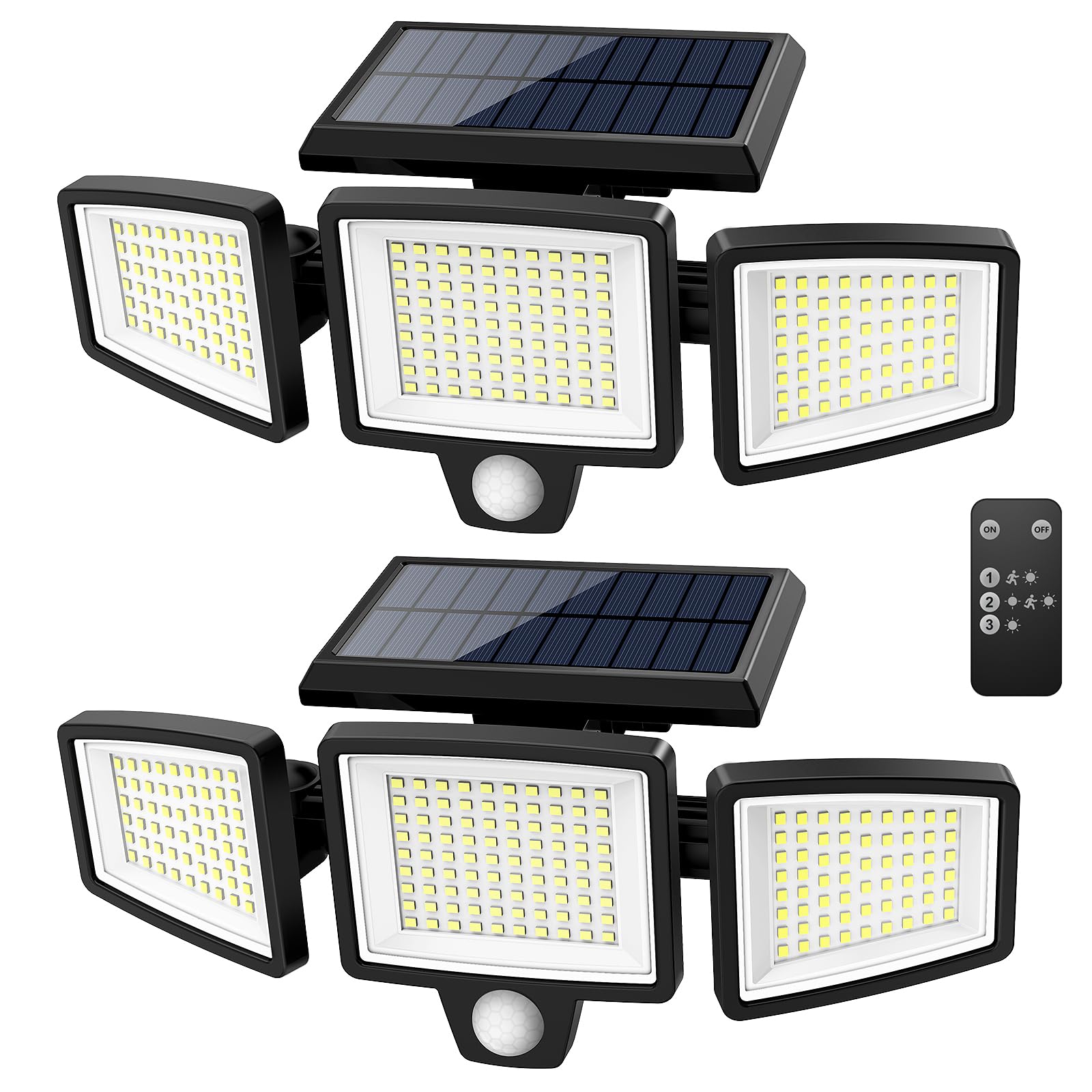 Tuffenough Solar-Außenleuchten 2500LM, 210 LED Sicherheitsleuchten mit Fernbedienung, 3-Kopf-Bewegungssensorleuchten, IP65 Wasserdicht, 270 Grad Weitwinkel-Flutlichtstrahler mit 3 Modi (2 Stück)