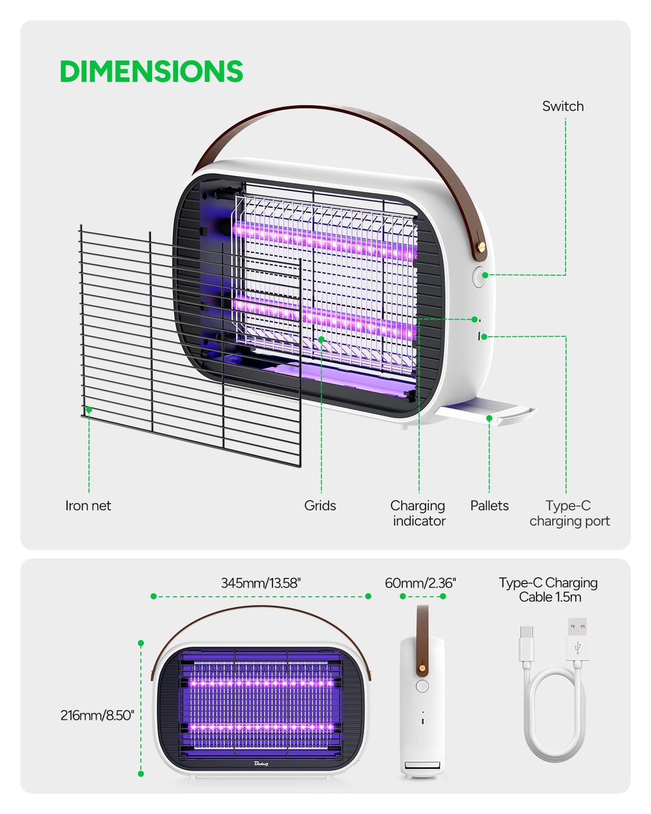 Buzbug LED Bug Zapper Outdoor Indoor, 10 Years Lifespan Lamp, Rechargeable 5200mAh Battery, Portable Camping Fruit Fly Mosquito Moth Gnat Wasp Trap, Killer, Zapper -MA015C (White)