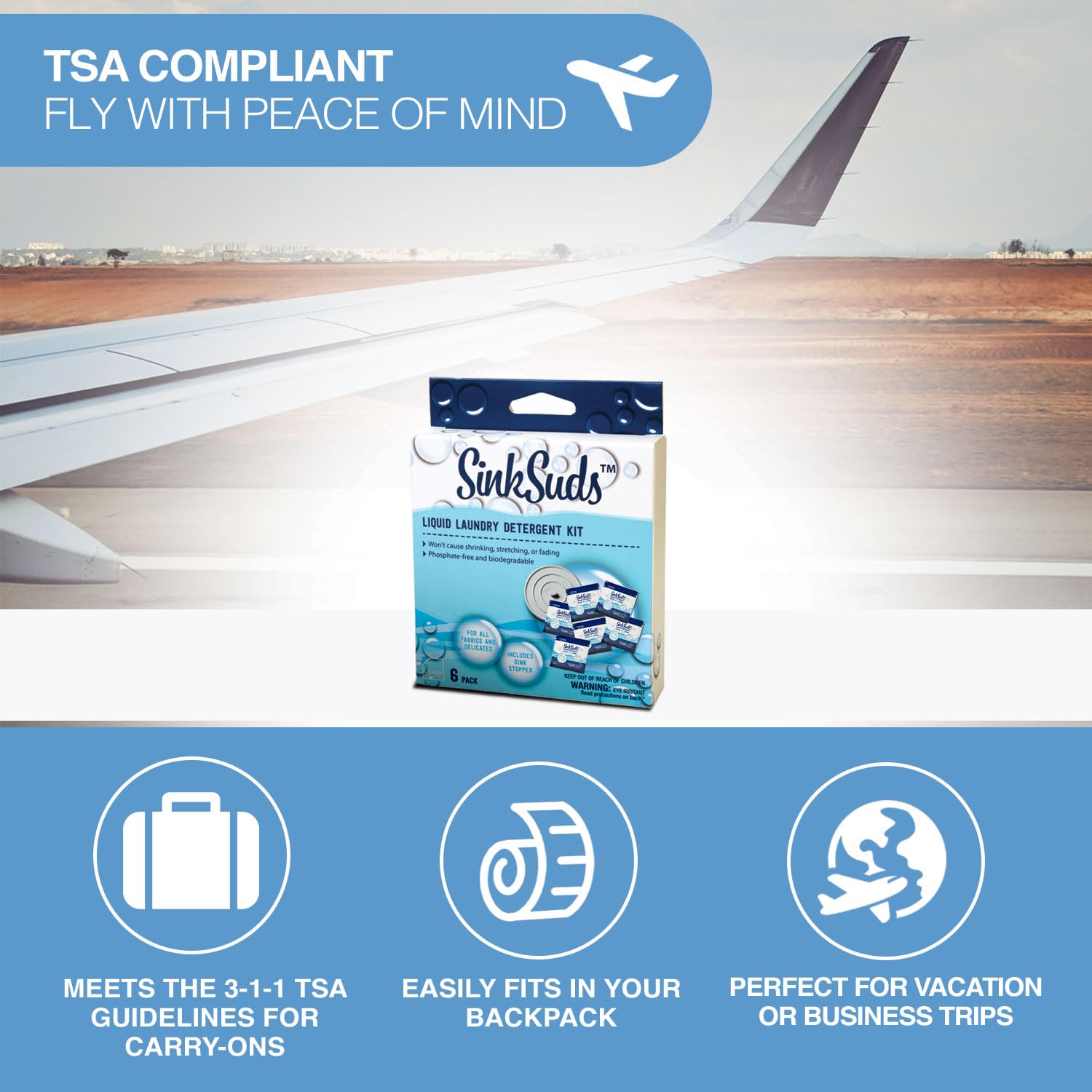 SinkSuds Laundry Detergent Travel Size Liquid Soap TSA Compliant Safe for All Fabrics 6 Packets & 1 Sink Stopper