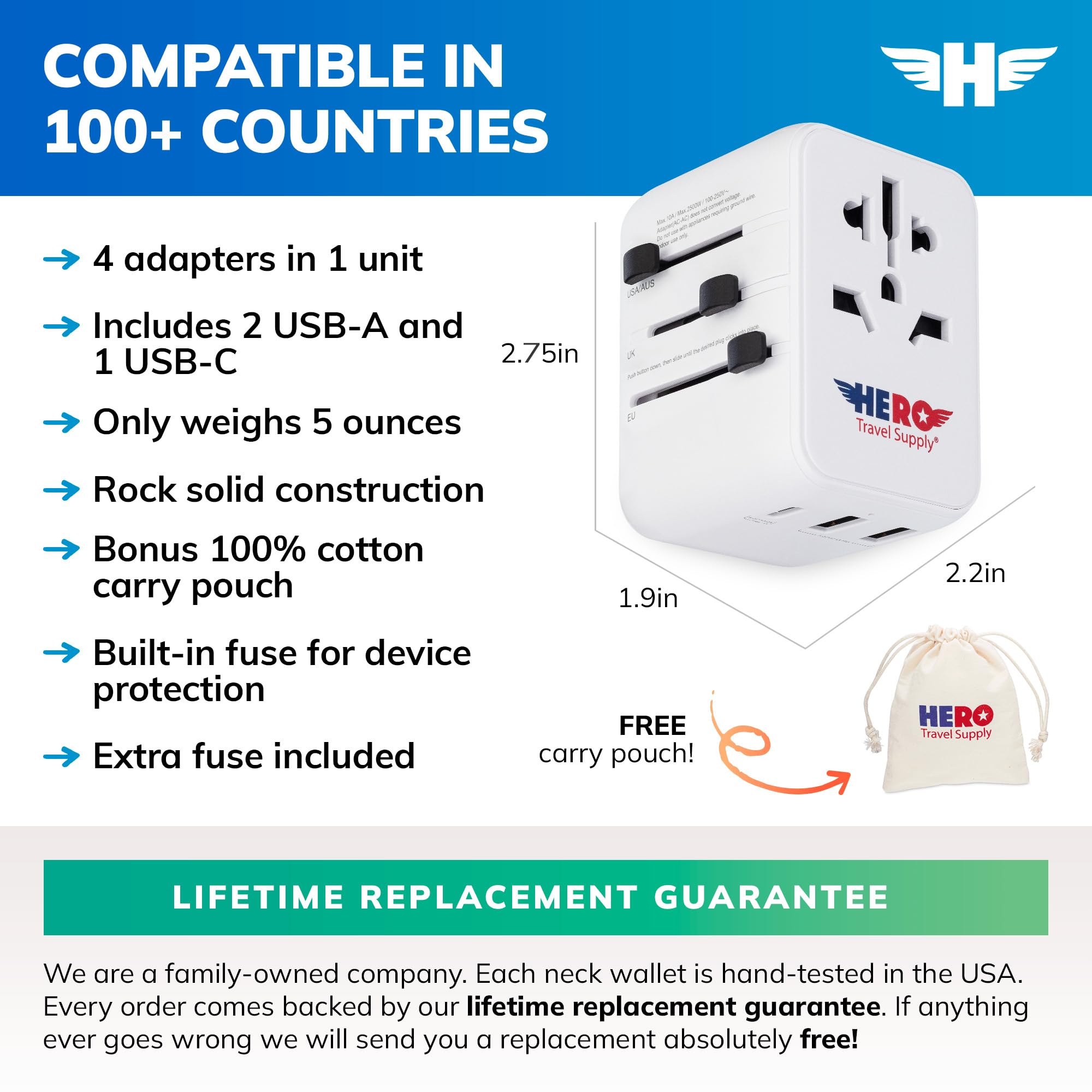 Hero Universal Travel Adapter – Power Plug for US Europe France UK Ireland Thailand NZ Australia 100+ Countries | 2 USB-A & 1 USB-C