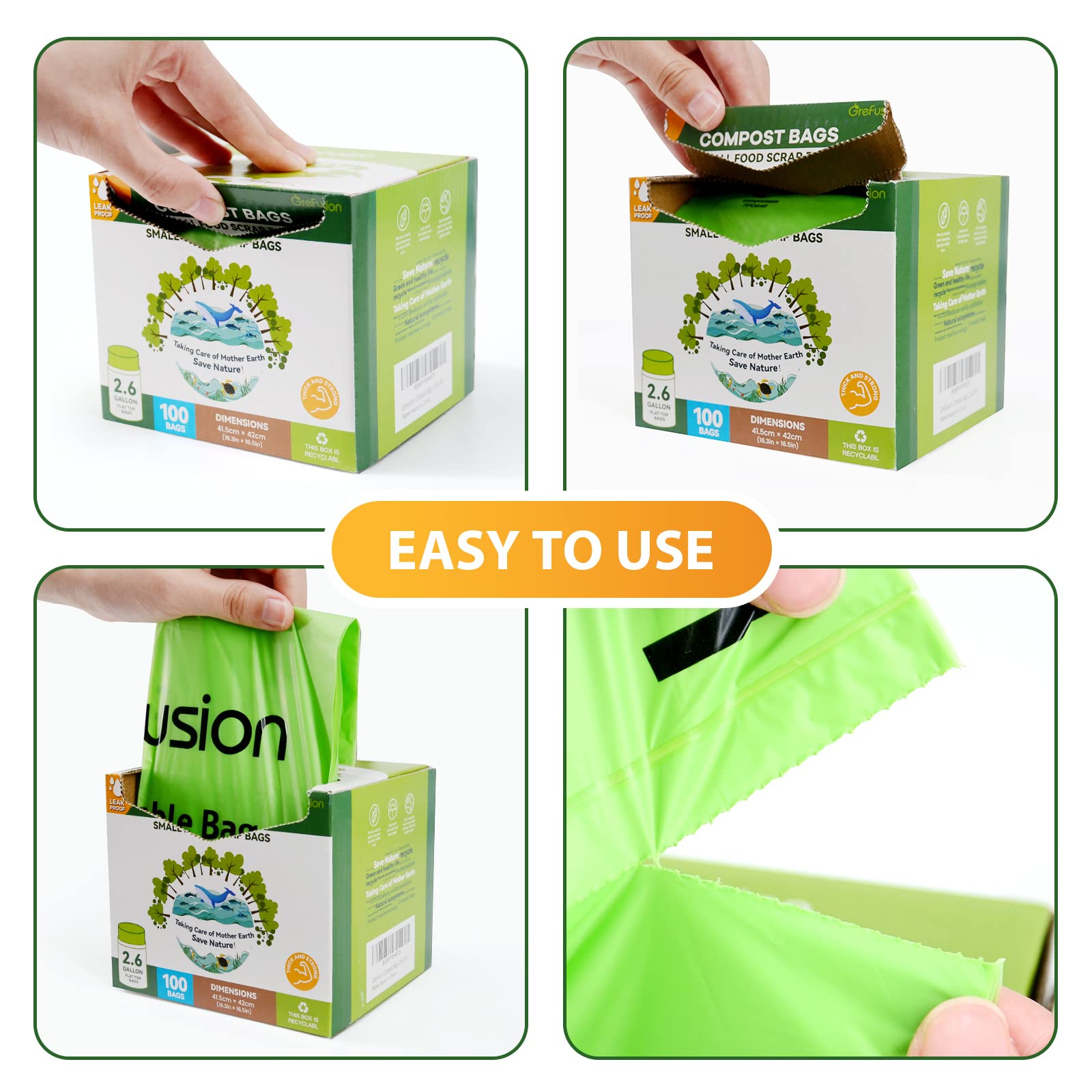 GreFusion Compostable Bags for Kitchen Compost Bin, 1.2 Gallon, 125 Count, Certified by BPI and ASTM, Leakproof and Odor Control
