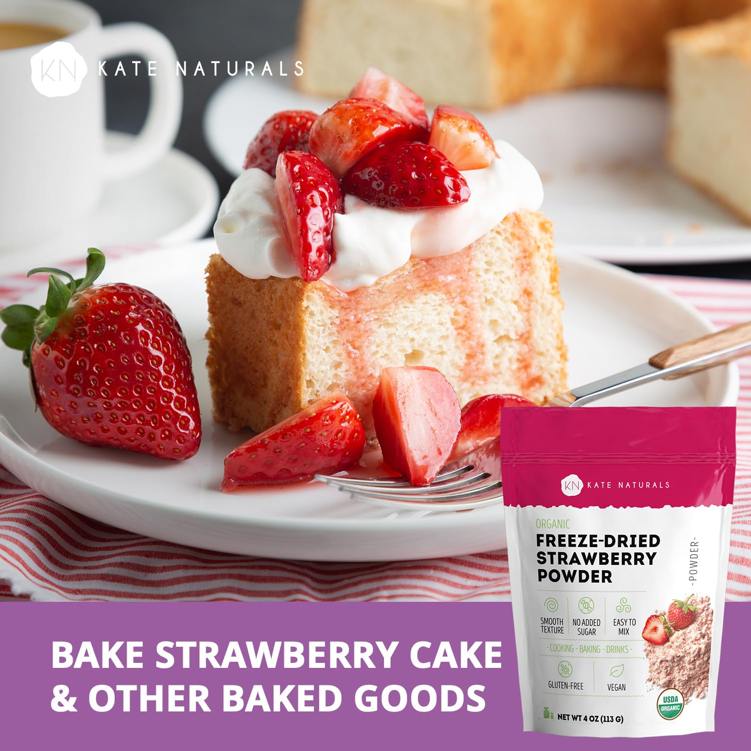 Kate Naturals Organic Freeze Dried Strawberry Powder for Baking & Drinks. Natural Strawberry Flavoring for Cakes, Icing & Smoothies (4oz, No Added Sugar)