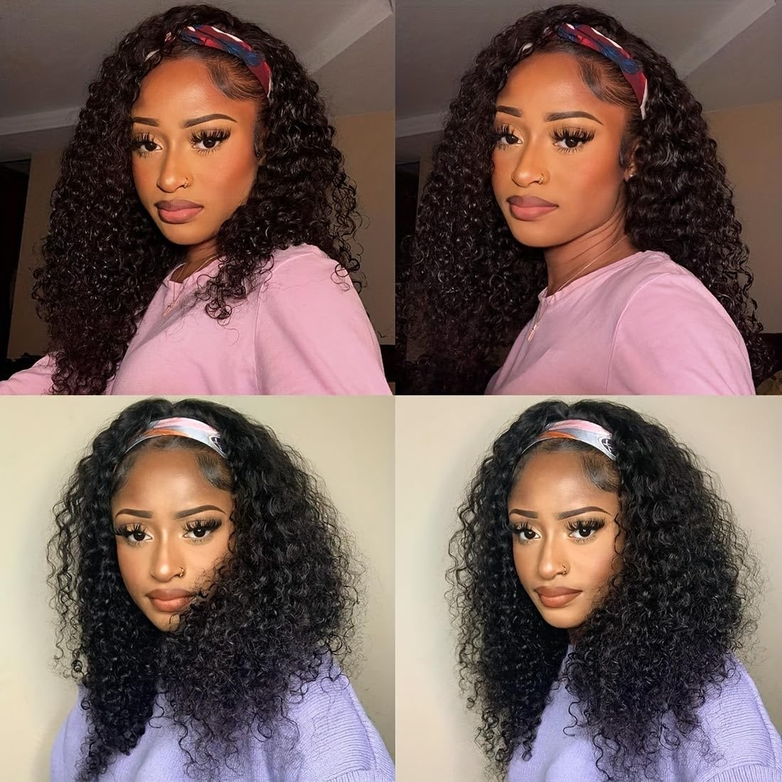 XSY Headband Wig Human Hair Deep Wave 16 Inch Curly Headband Wig Glueless None Lace Front Wigs for Black Women Half Wigs 150% Density Natural Color