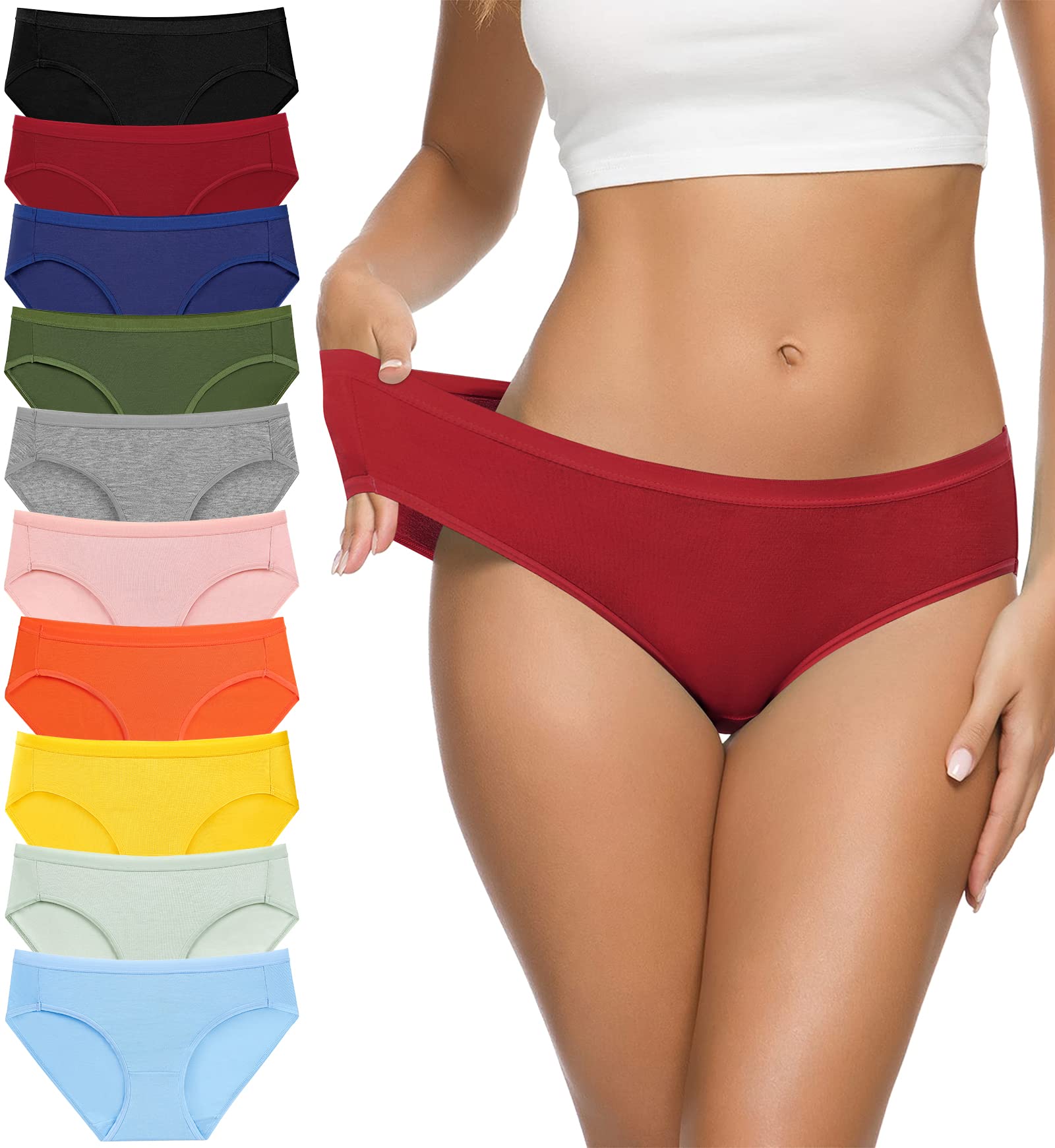 Eiggam Ladies Cotton Bikini Panties, High-Cut Full Coverage Stretch Cool Soft Womens Underwear Packs - 10 Pack, M