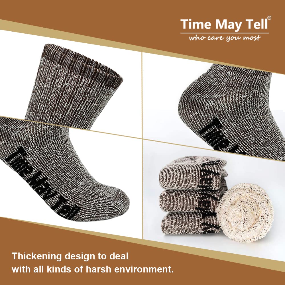 Time May Tell Mens Merino Wool Hiking Cushion Socks Thermal Warm Crew Winter Boot Socks Pack (Brown(2 pairs), US Size 9-13)