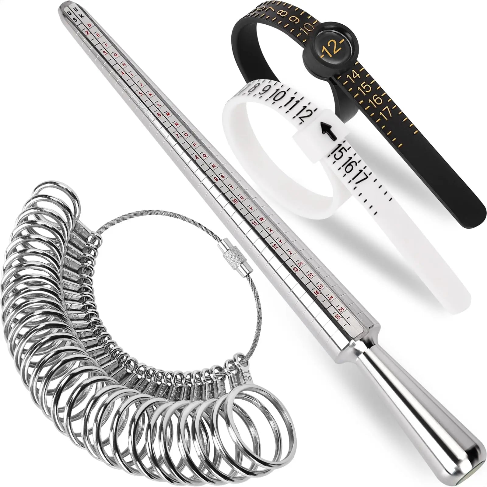 Ring Sizer Measuring Tool Kit, Ring Mandrel Measurer, 27 PCS Premium Steel Measuring Ring Tool, US Ring Size 0-13, 2 PCS Reusable Finger Size 1-17 USA Rings Size with Magnified Glass
