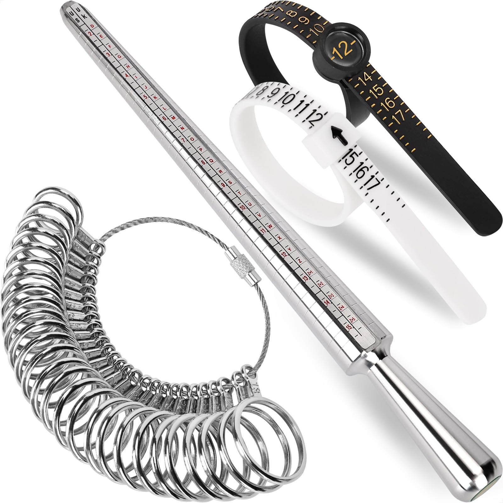 Ring Sizer Measuring Tool Kit, Ring Mandrel Measurer, 27 PCS Premium Steel Measuring Ring Tool, US Ring Size 0-13, 2 PCS Reusable Finger Size 1-17 USA Rings Size with Magnified Glass