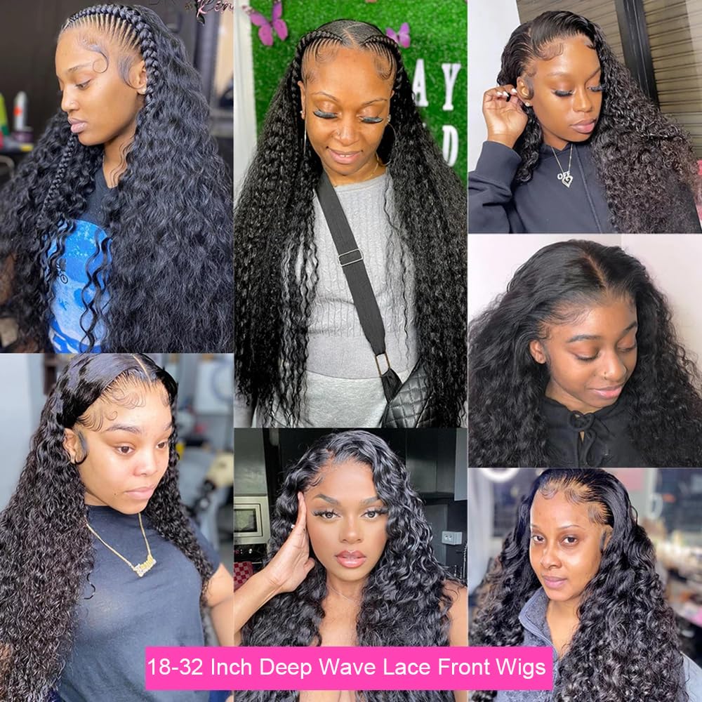 JTMMP 13x6 Deep Wave Lace Front Wigs Human Hair 200% Density 26 Inch Curly Human Hair Wig for Women Natural Black HD Transparent Lace Glueless Frontal Wigs Human Hair Pre Plucked
