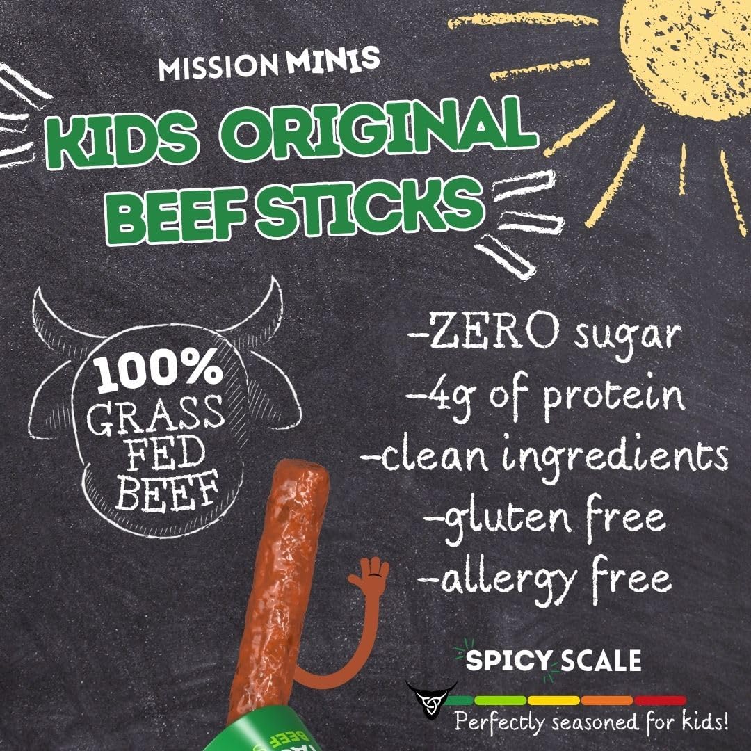 Mission Meats Kids Beef Sticks – 100% Grass Fed & Pasture Raised, Healthy Snacks for Kids, Sugar Free Protein, Gluten & Nut Free, Individually Wrapped, Mini 0.5oz (24ct Bag)