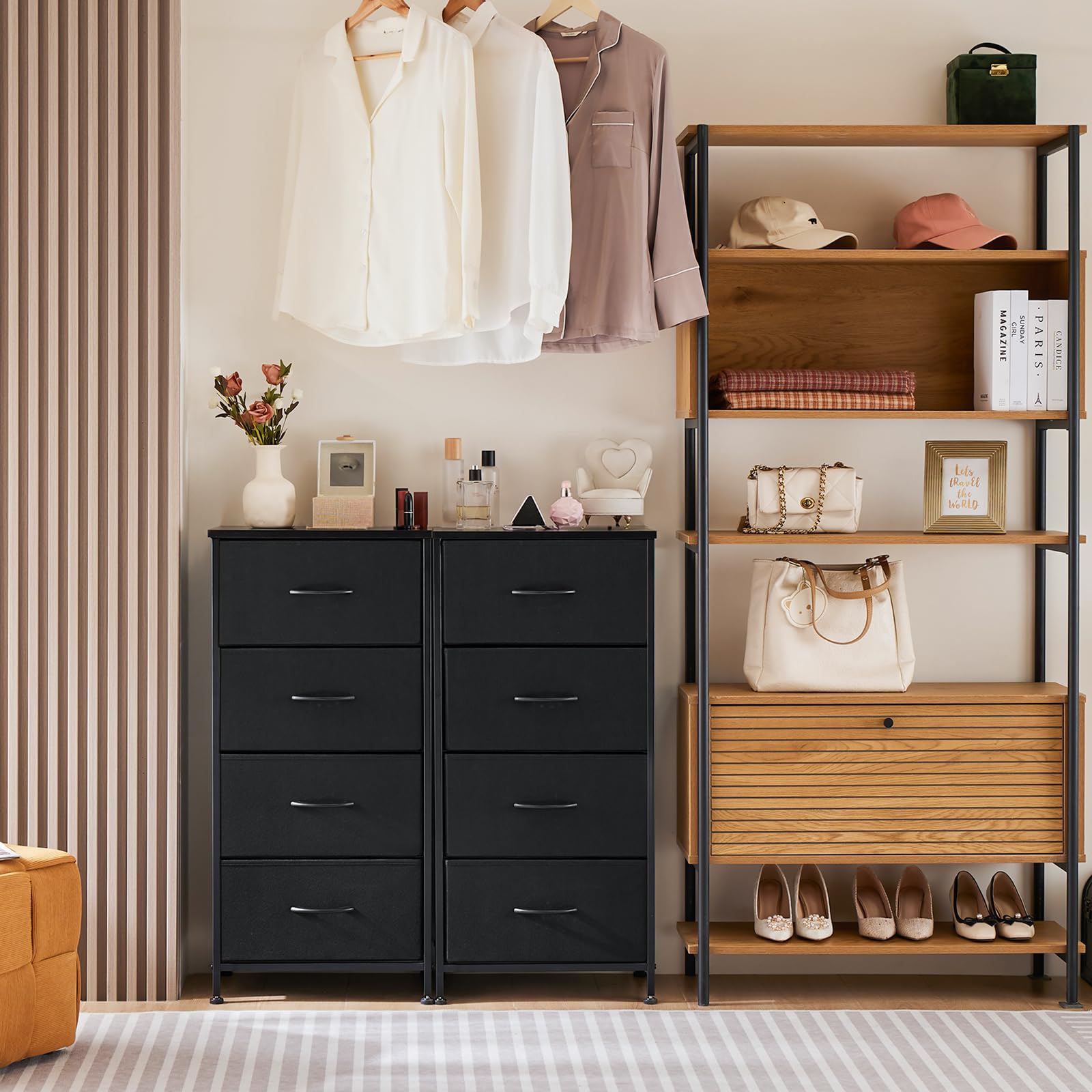 Sweetcrispy Nightstand Small Bedroom Dresser with 4 Fabric Drawers, Bed Side Furniture End Table, Wooden Top Cabinet Night Stand Dresser for Closet, Entryway, Dorm, Black
