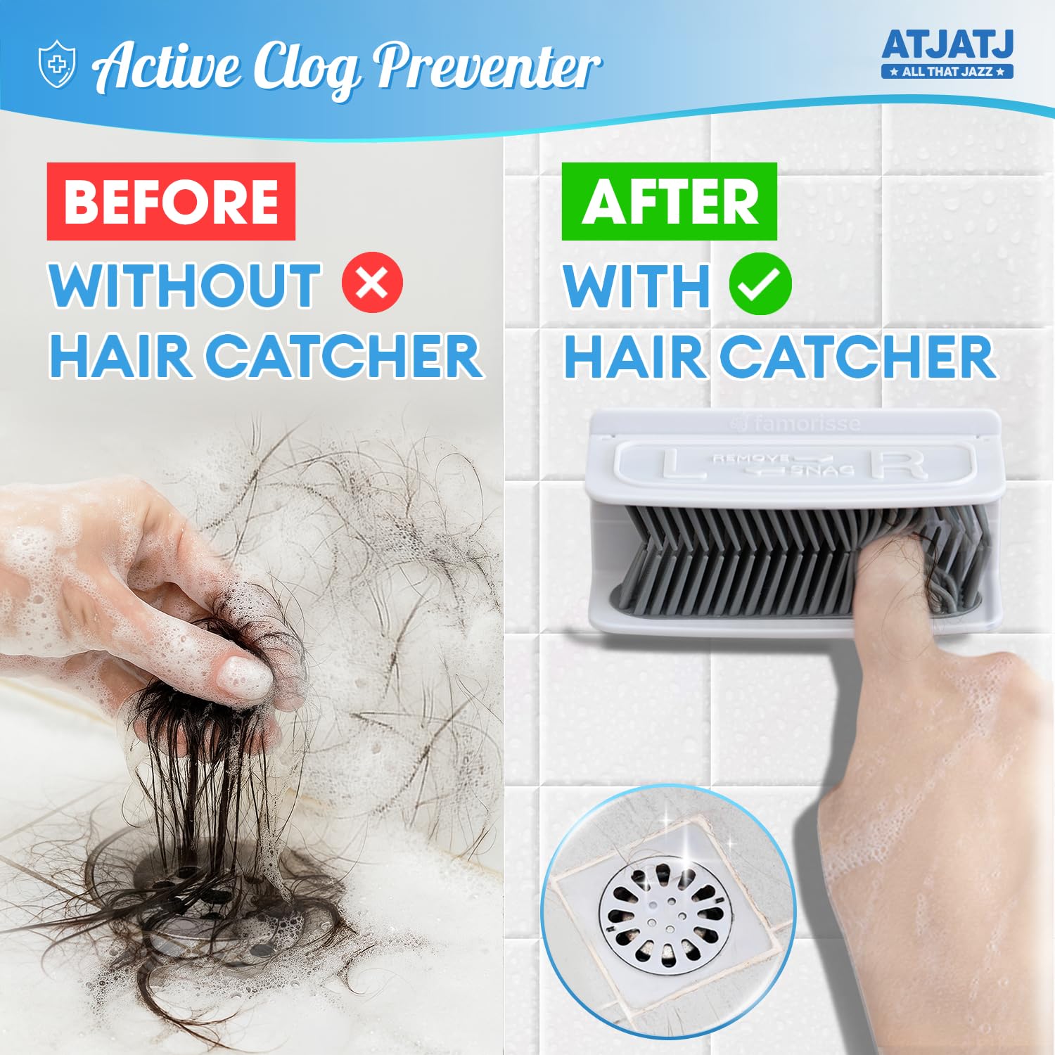 Large Shower Hair Catcher Wall, White Hair Drain Catcher with Silicone Bristle, Bathroom Tub Hair Catcher Drain Protector, Hair Collector for Shower, Shower Hair Trapper, Hair Grabber for Drain