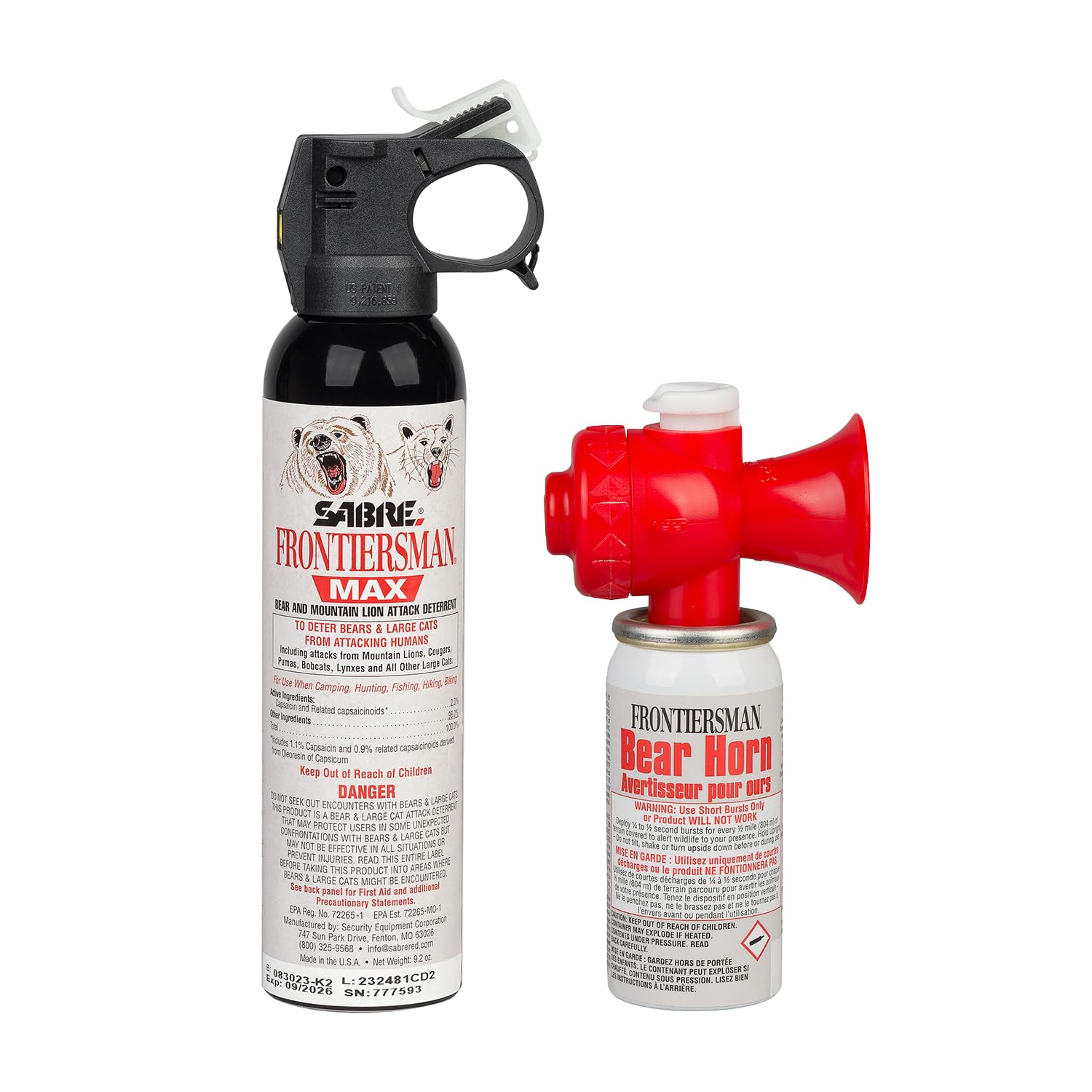 SABRE Frontiersman MAX 260g Bären- und Berglöwen-Abwehrspray, bis zu 12 m Reichweite, enthält 2% Kapsaicin + Frontiersman Bärenhorn (FBH-LT-AMZ) Set, nachleuchtende Sicherheit
