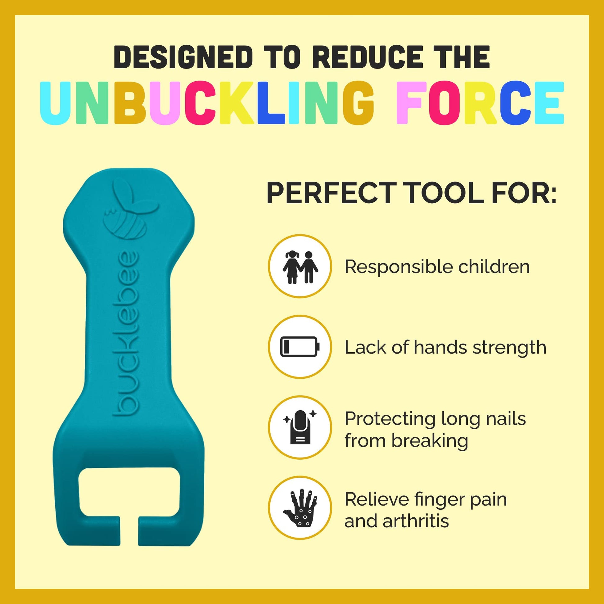 Bucklebee Easy Car Seat Buckle Release Aid for Children Unbuckle Car Seat Release Tool - Button Pusher - Opener for Nails - Buckle Release (1 Pack Teal)