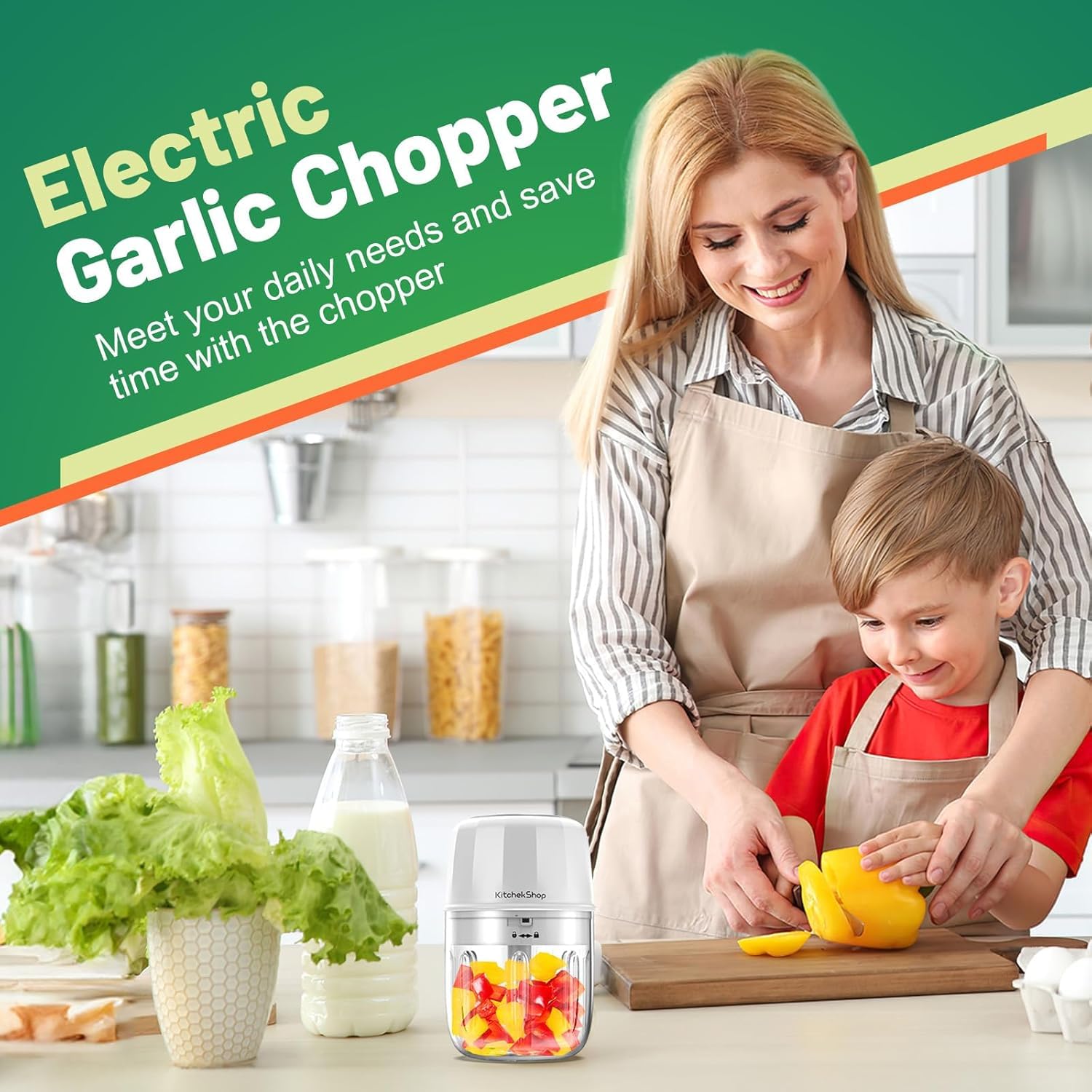 KitchekShop Electric Garlic Chopper, 300ML Portable Cordless Mini Food Processor, Rechargeable Vegetable Chopper Blender for Nuts Chili Onion Minced Meat and Spices BPA-Free(White)