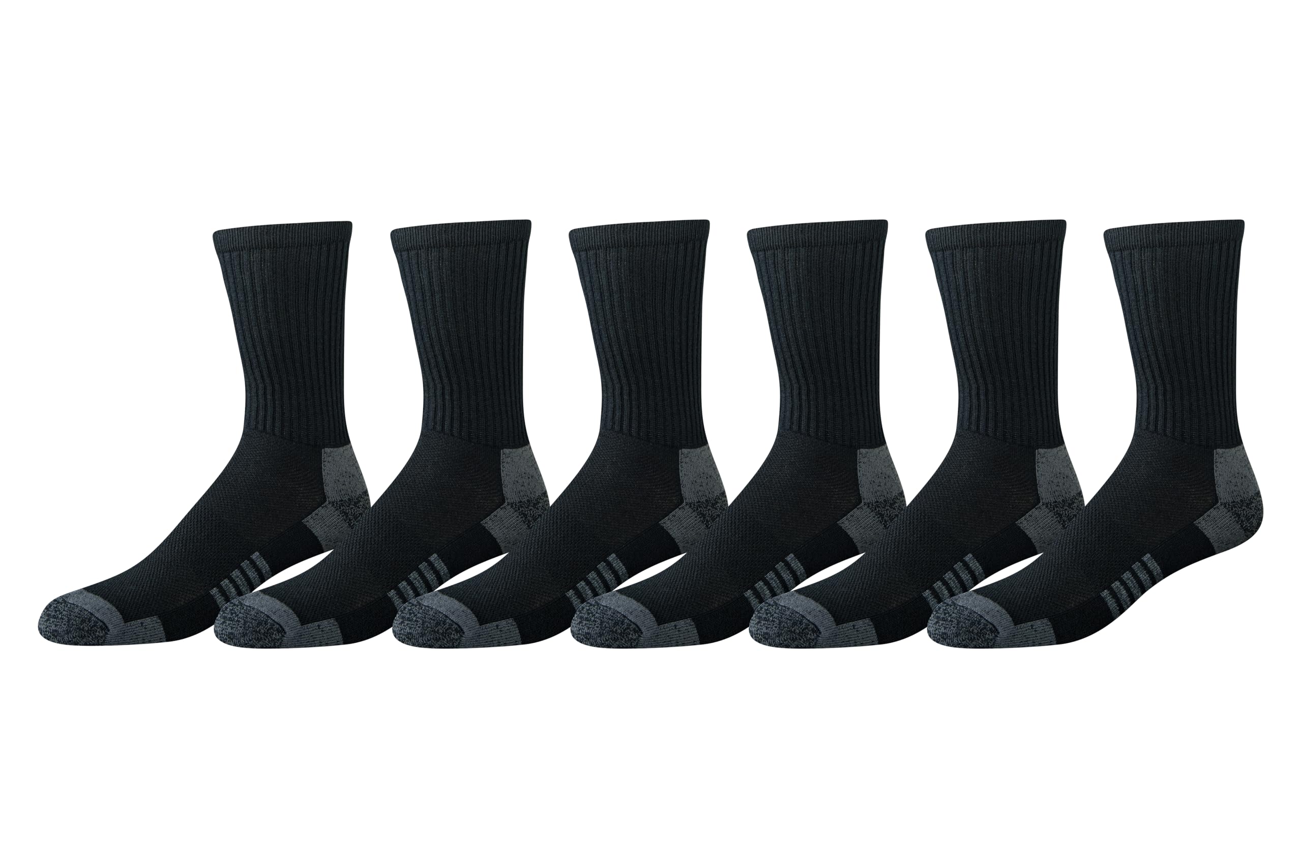 Essentials Men's Performance Cotton Moisture Control Socks, Athletic Crew, Breathable, 6 Pairs, Black, 8-12