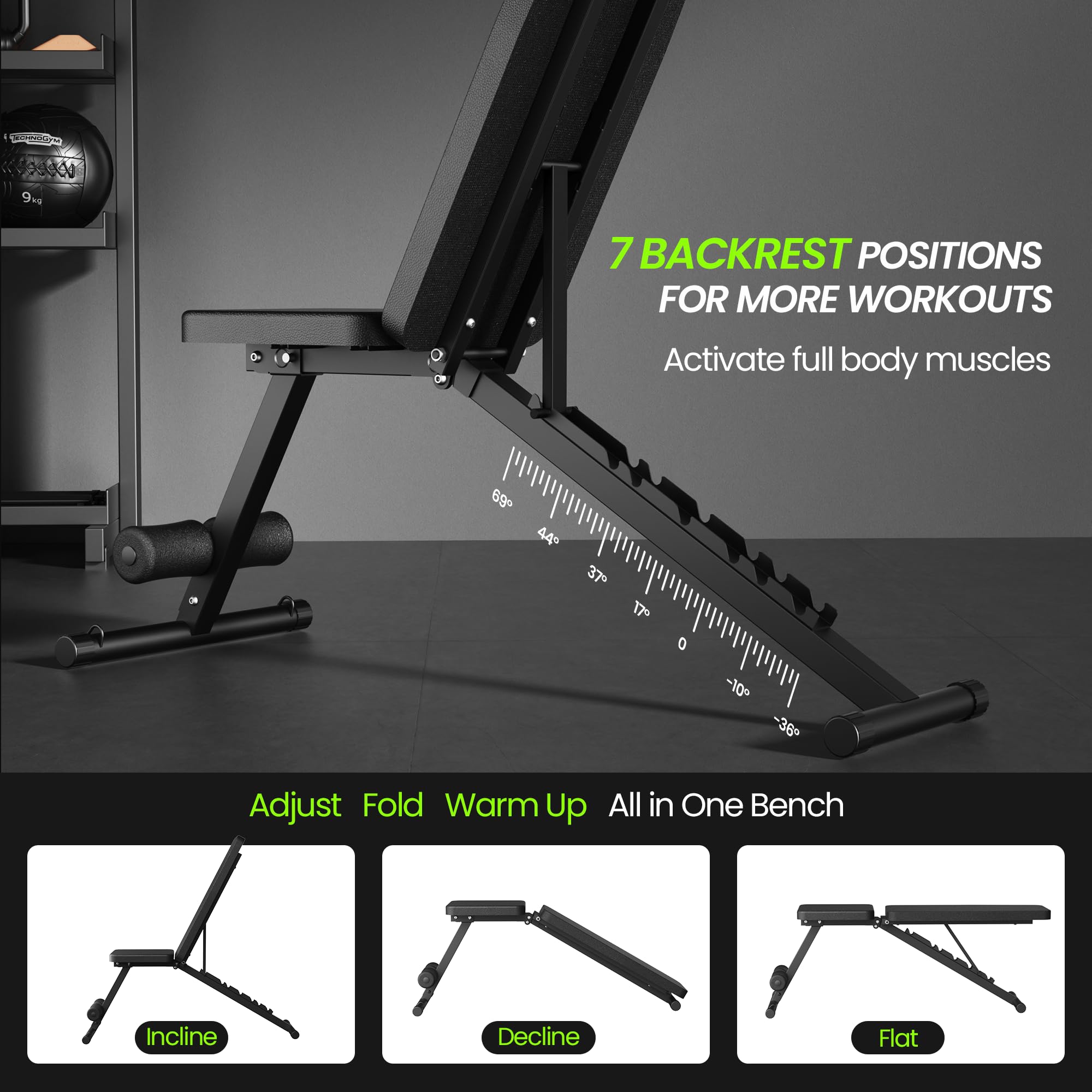 Adjustable Weight Bench for Home Gym, Foldable Workout Bench for Full Body Fitness Dumbbell Exercise, 600LBS Incline Decline Flat Bench with Resistance Bands for Strength Training