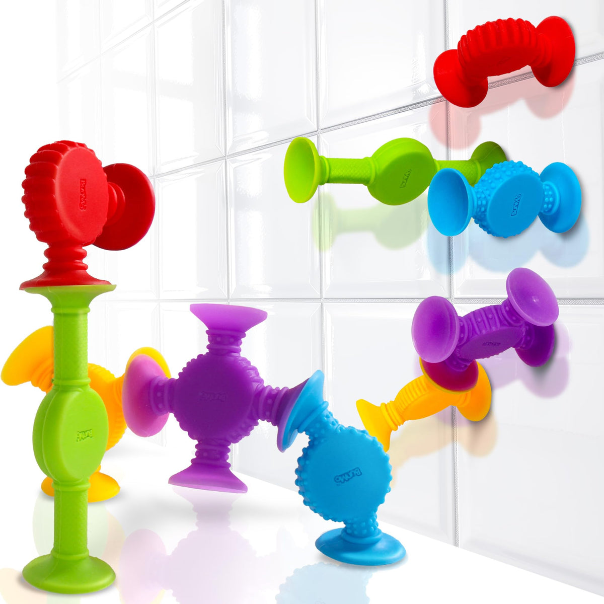 BUNMO Bath Toys Suction - Connect, Build, Create - Toddler Bath Toys - Hours of Fun & Creativity - Fine Motor Skills - Stimulating Sensory Toys - Non-Mouthable Toy 3+ - Textured 10 Pack