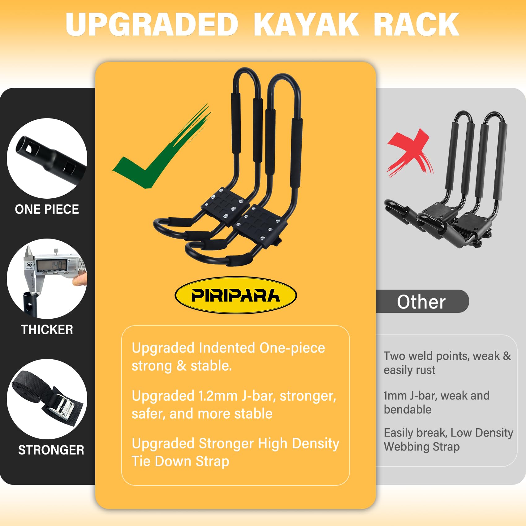 PIRIPARA Kayak Roof Rack 2 Pairs J-Bar Carrier Holder for Canoe, SUV, Cars, Truck, Surf Ski, Car Top Mount Racks for Trip, Set of 4