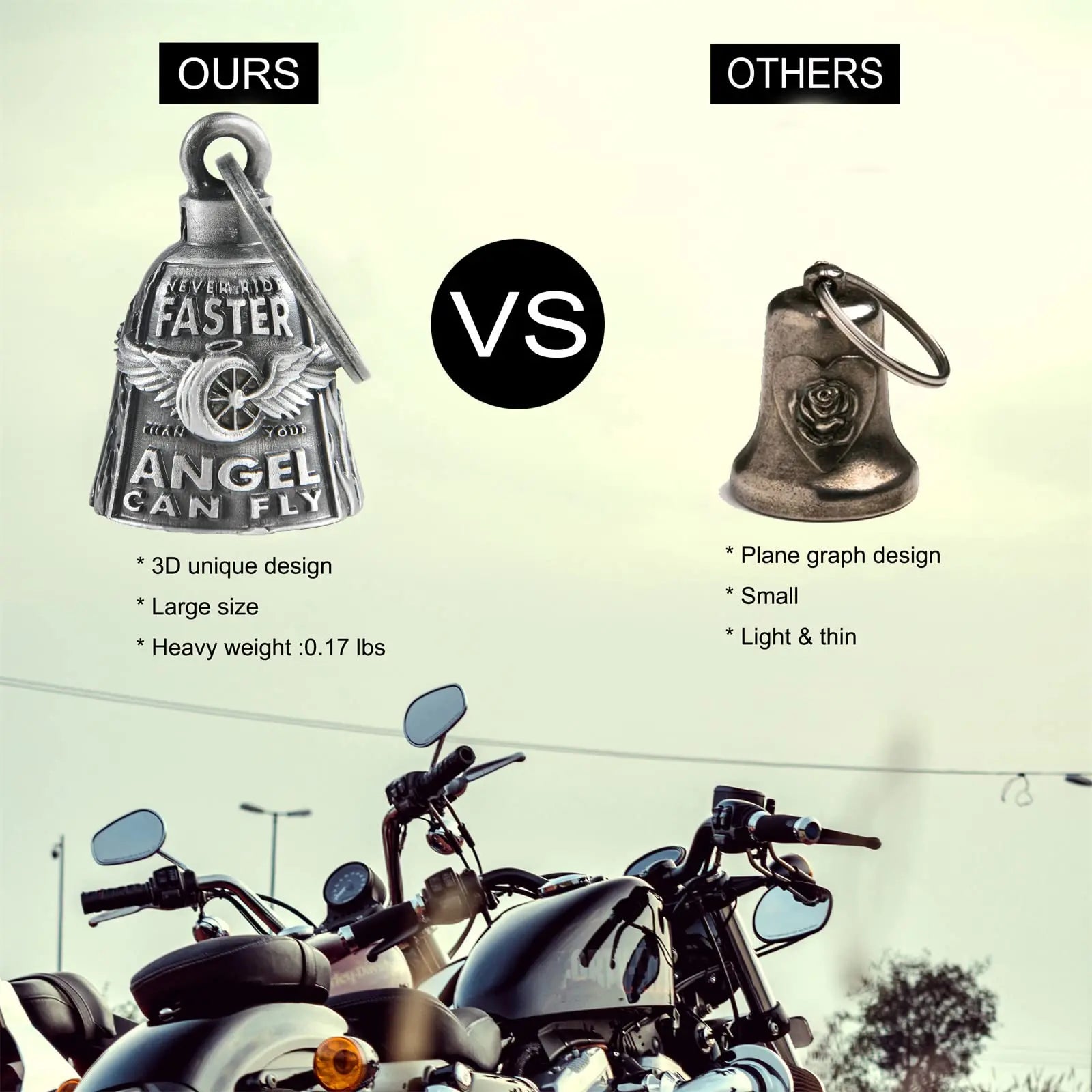 Motorcycle Bells for Bikers Guardian Angel Gremlin Motorcycle Bells for Motorcycle Rider Key Chain for Luck (Never Rider Faster Than Your Angel Can)