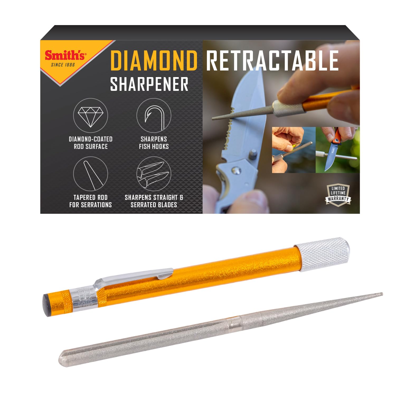 Smith's 51446 Diamond Retractable Sharpener - Gold - Reversible Rod - Compact - Knife & Hook Sharpener - Straight & Serrated