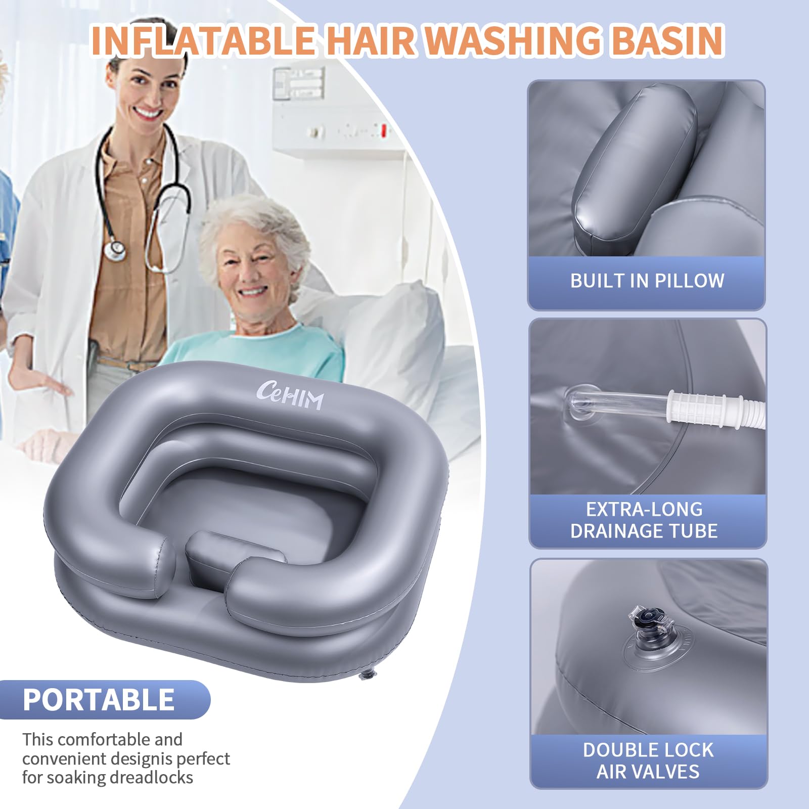 Cehim Inflatable Shampoo Basin - Portable Shampoo Bowl, Hair Washing Basin for Bedridden, Disabled,Injured, Hair Wash Tub for Dreadlocks and at Home Sink Washing (Silver)